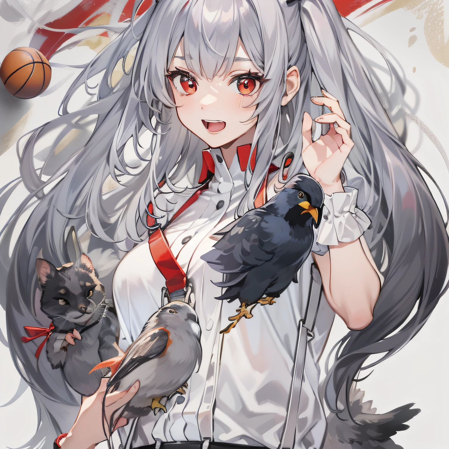 16k,hyper HD,high qulity,high detal,A young girl,Silver-gray hair,Good facial features,Wear suspenders,White shirt inside,French background,On the left is a basketball,,A red chicken on the left(Black chicken feet are exposed),The picture is neat。