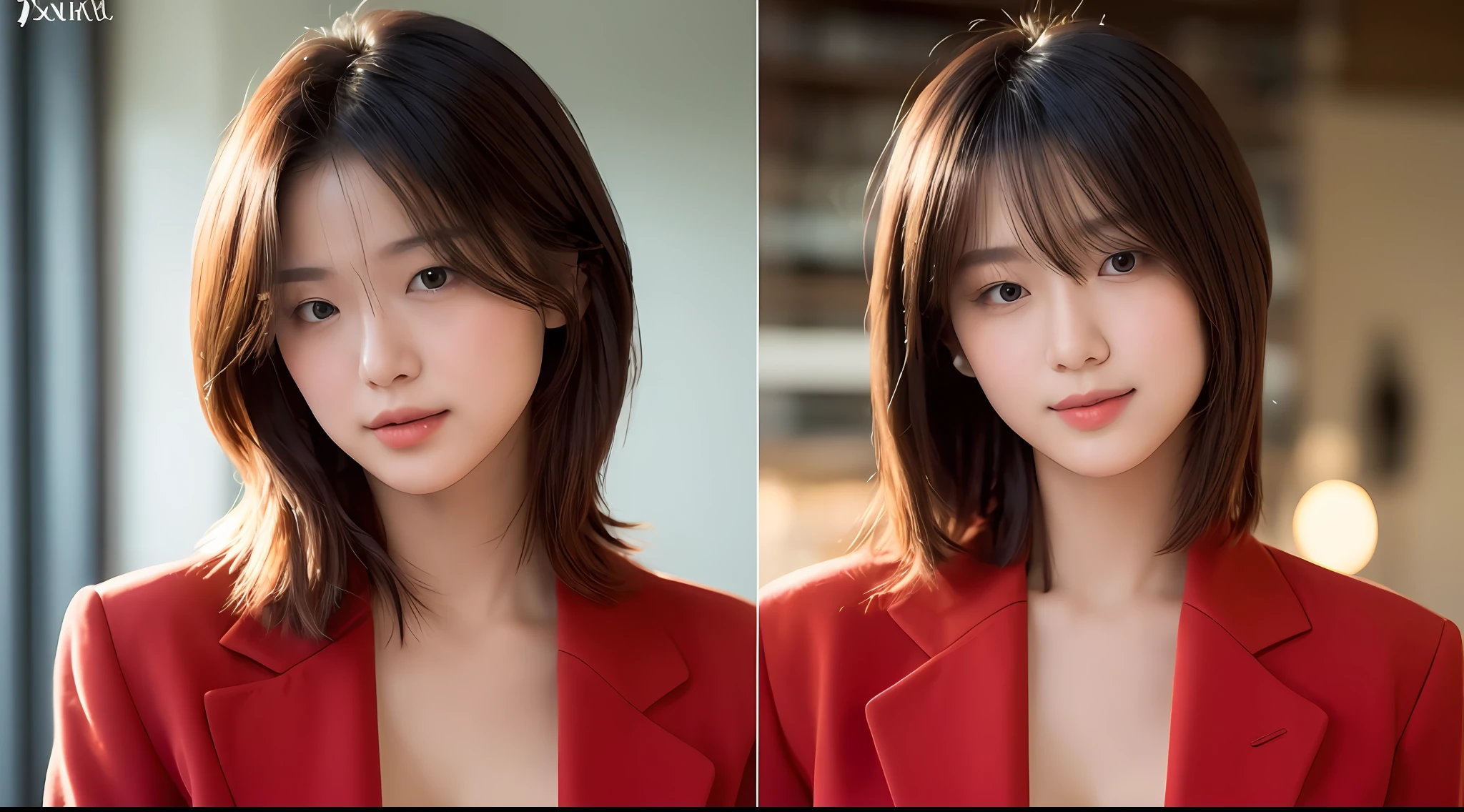 1 girl, light smile, mullet cut,red bra, open blazer, beautiful Japanese girl, BREAK,(best quality, masterpiece:1.2),shoot the (high detailed skin:1.2), 8k uhd, dslr, low key, high quality, film grain, Fujifilm XT3, lighting glow effect, no retouching,raw photo-realistic, skin texture is very detail, no makeup,