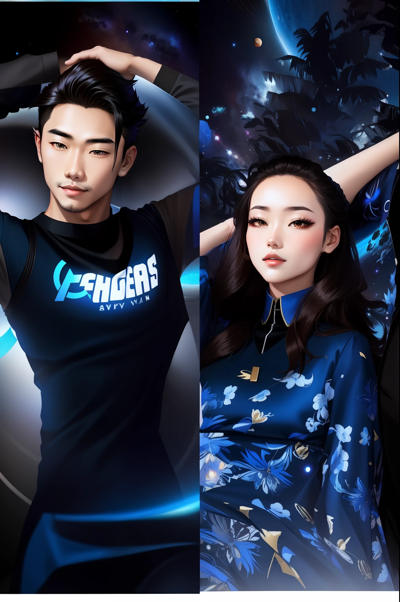 anime style, couple, asian man, man black suit and blue tie, brunette woman, woman in blue dress, cute blue dress, space, stars, planets