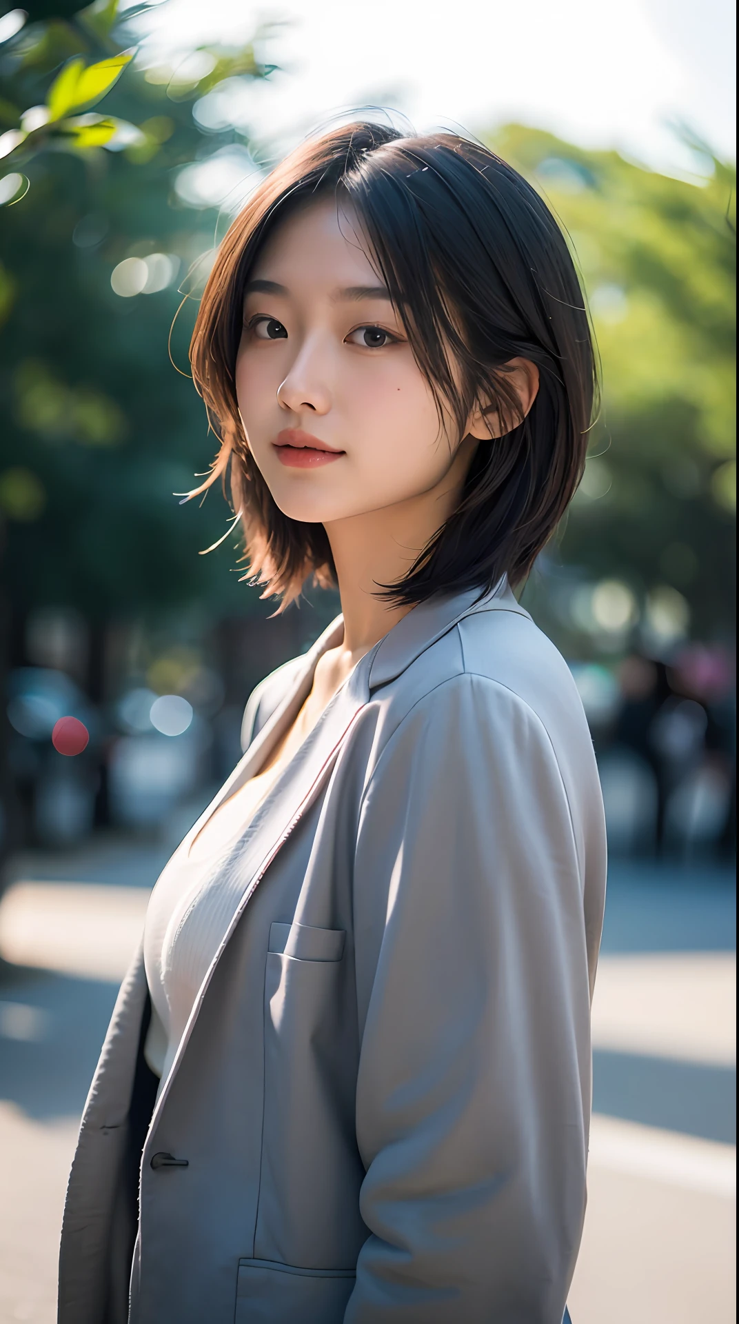 1 girl, light smile, mullet cut, open blazer, beautiful Japanese girl, BREAK,(best quality, masterpiece:1.2),shoot the (high detailed skin:1.2), 8k uhd, dslr, low key, high quality, film grain, Fujifilm XT3, lighting glow effect, no retouching,raw photo-realistic, skin texture is very detail, no makeup,