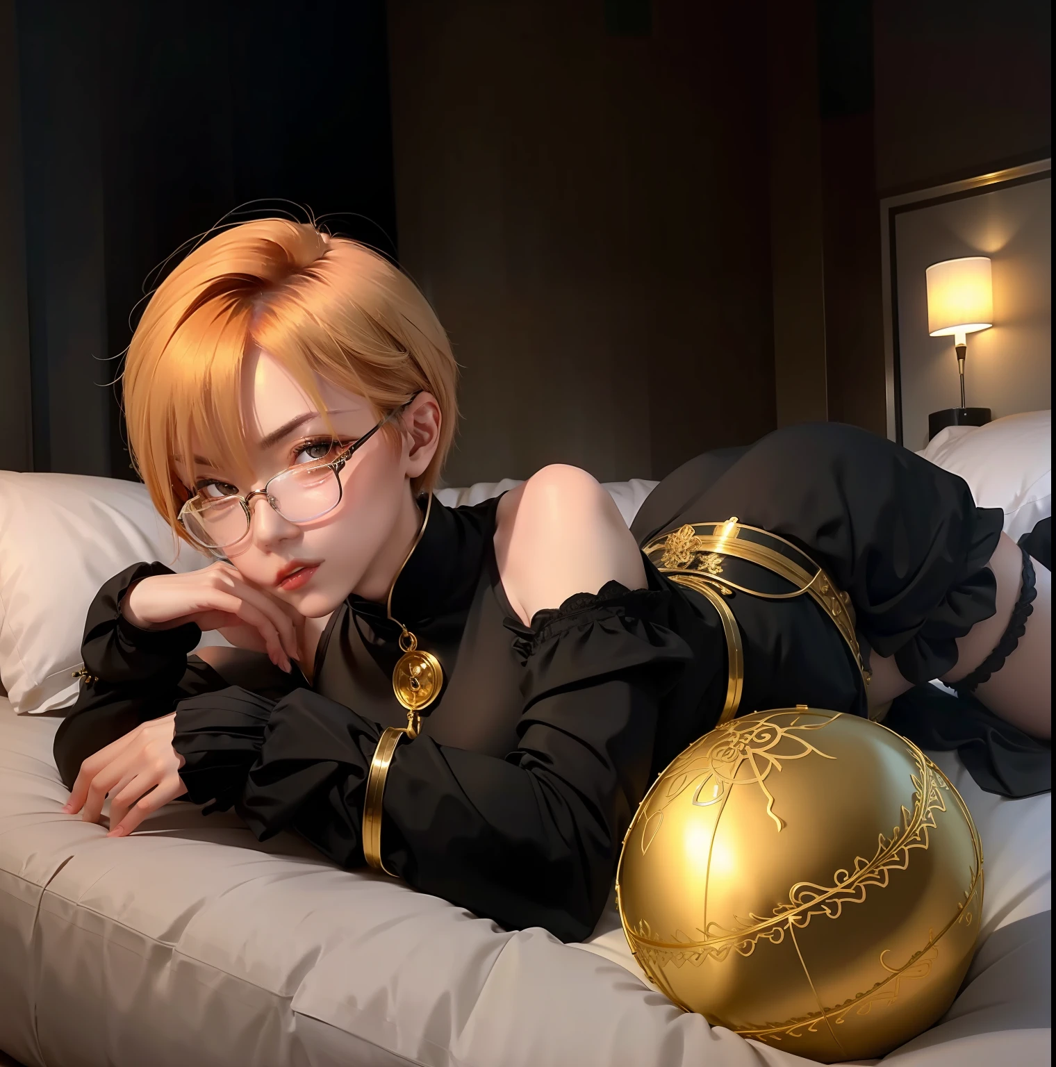 black lence stockings，Russian woman，with short golden hair，With gold wire glasses，Lie down in bed，Long legs of 1 meter 2，二重まぶた，sensual lip，Straight nose，roll eyes