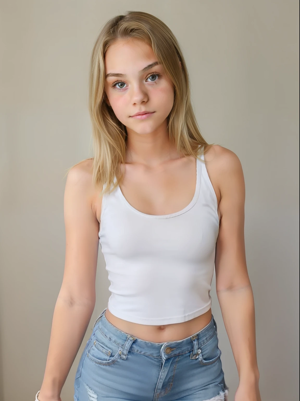 (((cute  girl))), short jeans, white tank top, blonde, medium shot