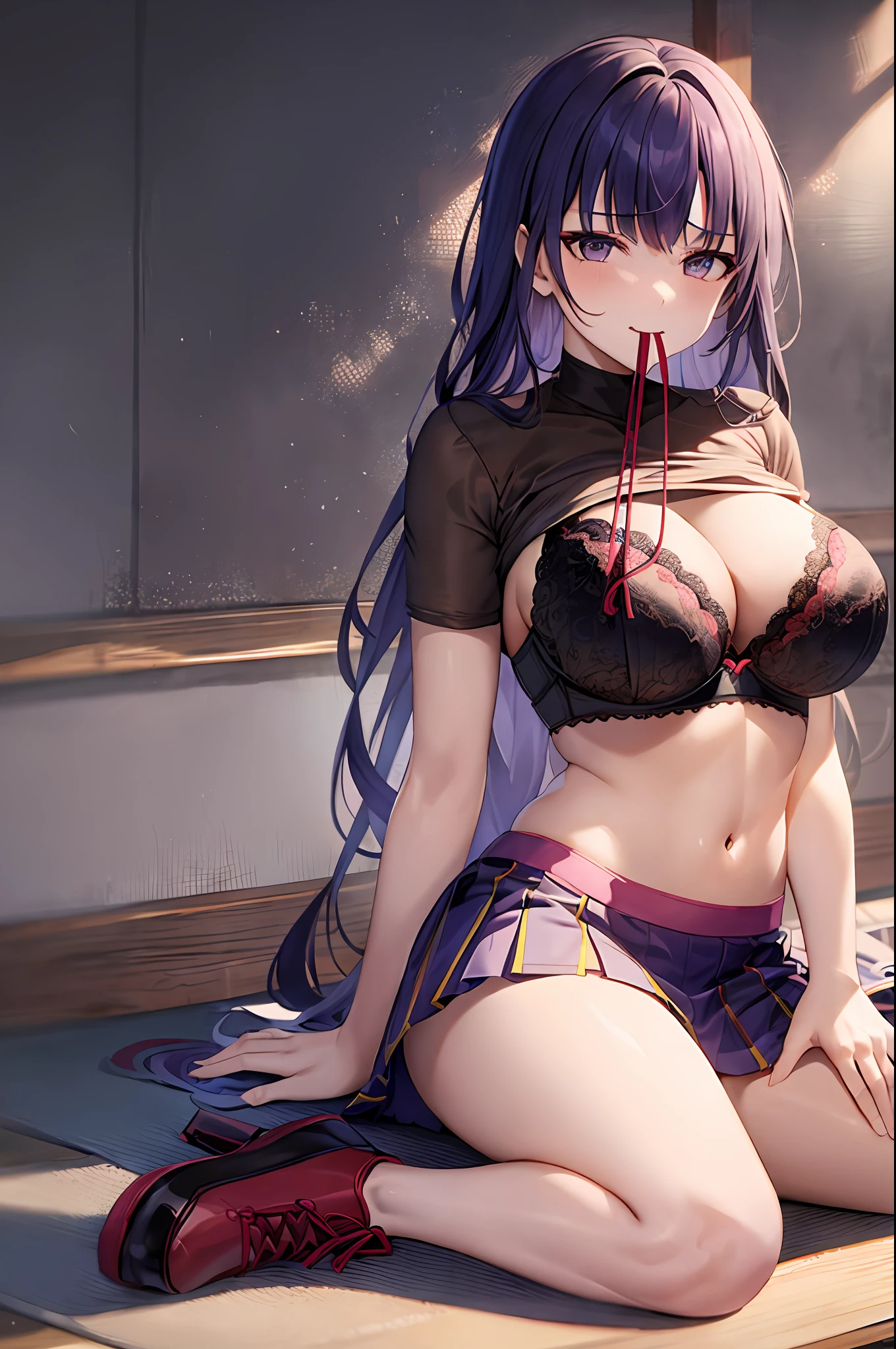 1Raiden shogun, large breasts,clothes in mouth, cleavage, navel, t-shirt, ((bra)),clothes lift, shirt in mouth, skirt, lying, full Body,sexy body,sitting