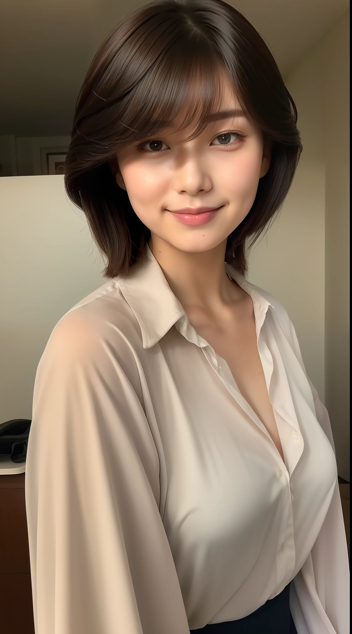 1 girl, short hair, mullet cut, light smile, toc dep, covering ears,shirt, beautiful Japanese girl, BREAK,(best quality, masterpiece:1.2),shoot the (high detailed skin:1.2), 8k uhd, dslr, low key, high quality, film grain, Fujifilm XT3, lighting glow effect, no retouching,raw photo-realistic, skin texture is very detail, no makeup,