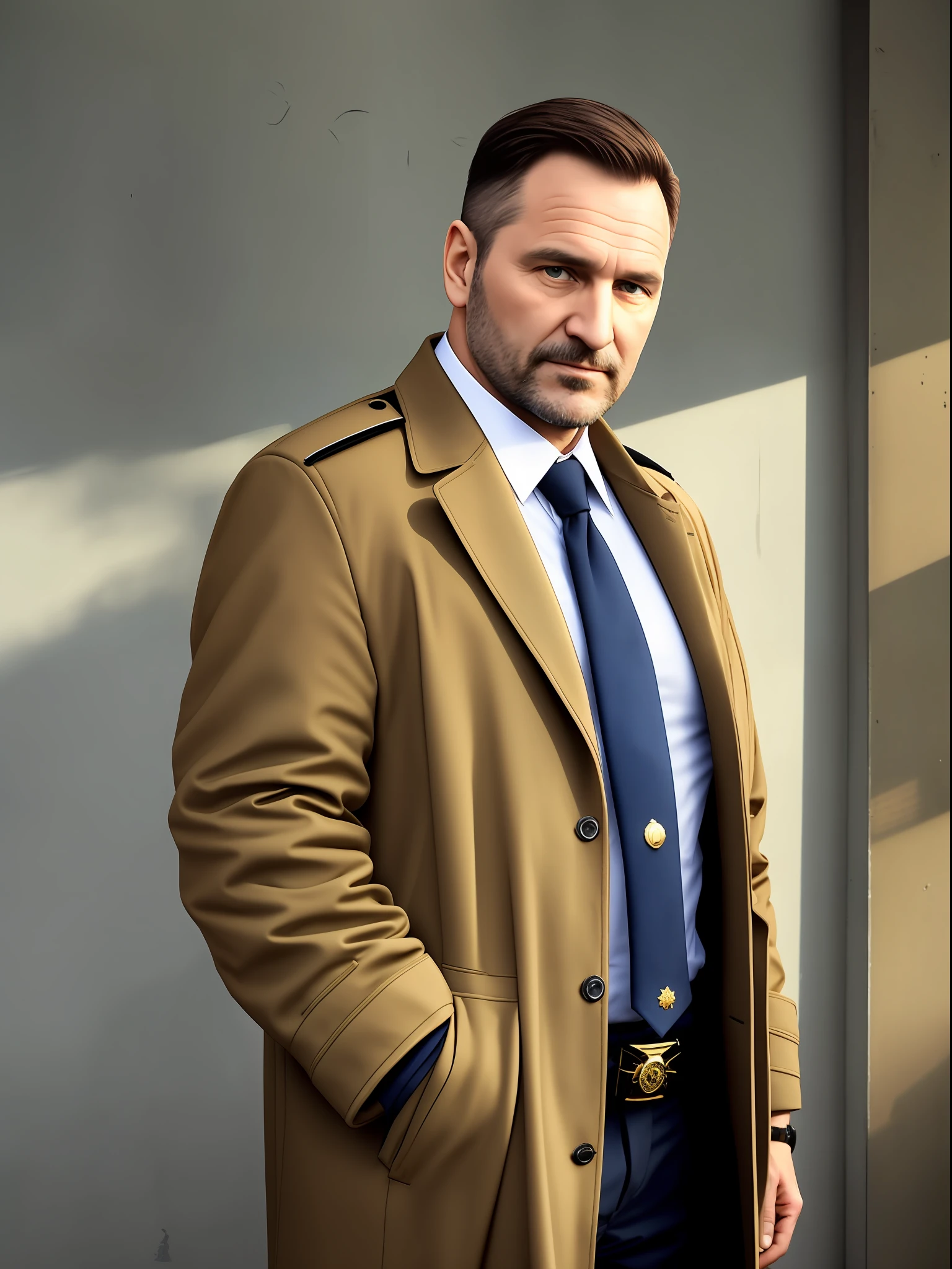 40-year-old middle-aged Russian uncle in an overcoat,Inside is a white shirt,There is the majesty of an officer on the face,A gold watch is worn on one hand,The other hand is pressed on the tie