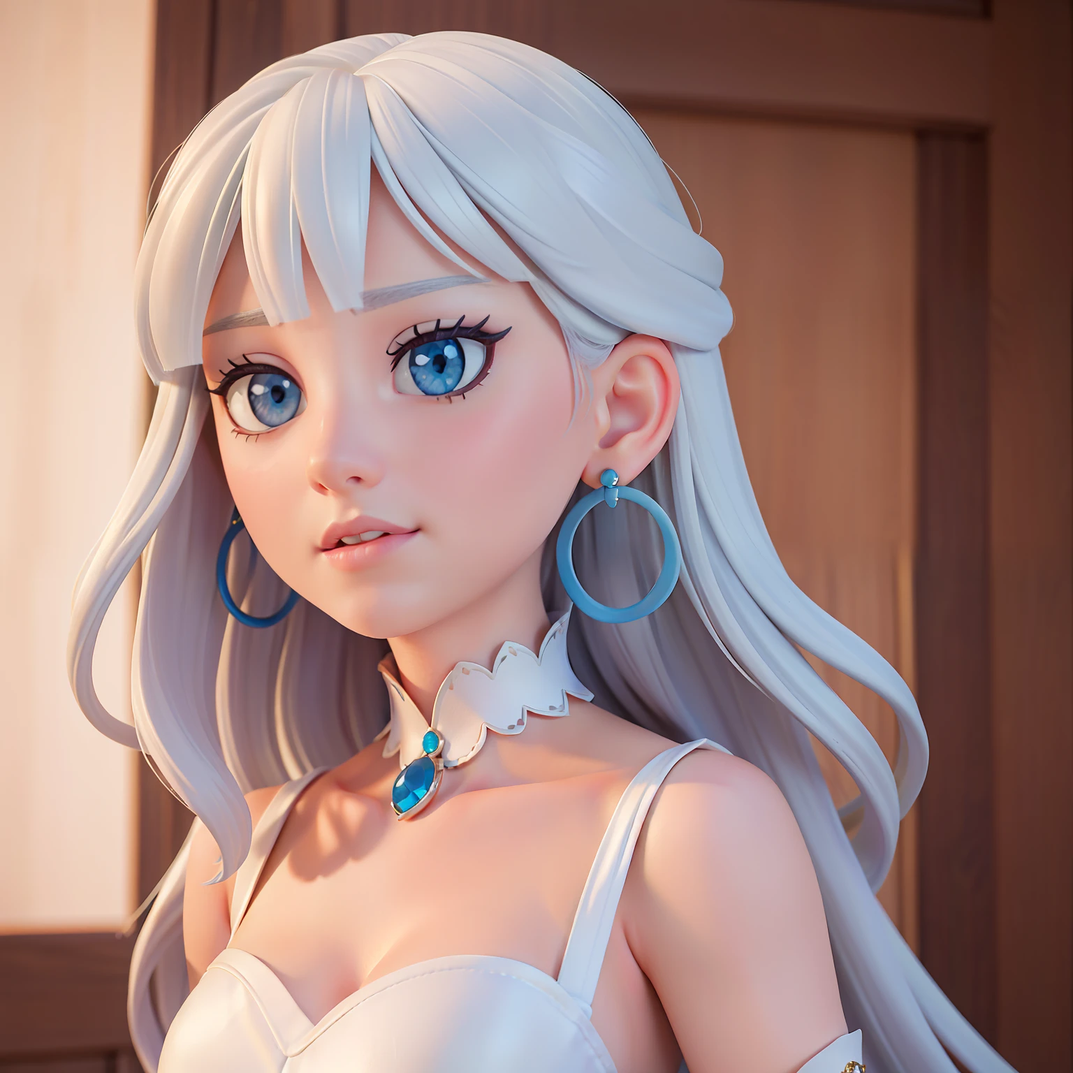 (8K, 4K, Best quality, A high resolution, 超A high resolution:1.1), (Masterpiece, Realistic, photo-realistic:1.1), 1girll, silber hair，Roll, eBlue eyes，disney's princess，White dress，Pearl earrings