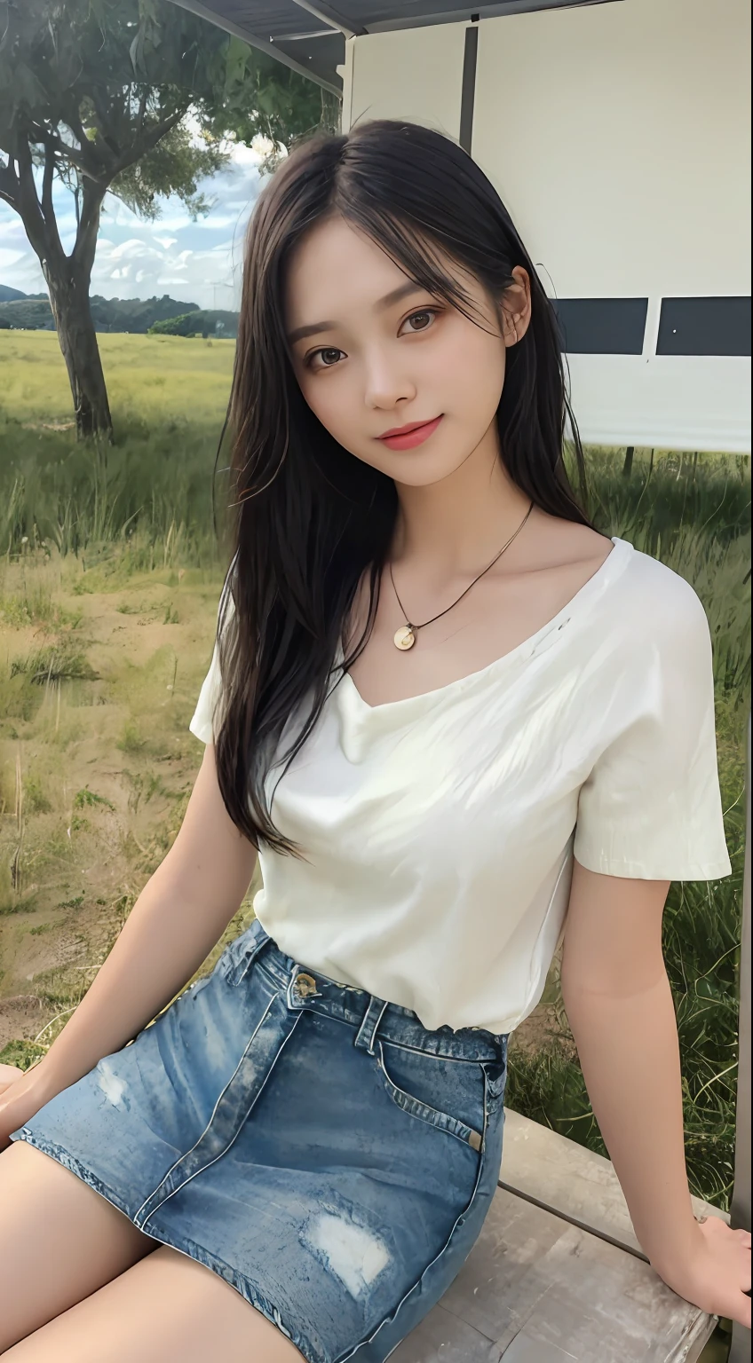 midynight,26-year-old beauty,There is an extraordinary and exquisite real person,Extremely delicate, and facial features are straight,Peerless beautiful girl,(Black straight hair)Bare collarbones,Perfect sexy,(( Knitted short sleeve T-shirt women's new summer 2023 medium length loose pants thin simple top,short denim skirt))。A sweet smile,softness,dreamlike quality,Exaggerated facial features,solidcolor,Frank off-white,hyper realisitc,Blue gemstone necklace,ultraclear,Beautiful young girl,Cute and lively,Night scene,Vast grassland scenery。Sit on grass。