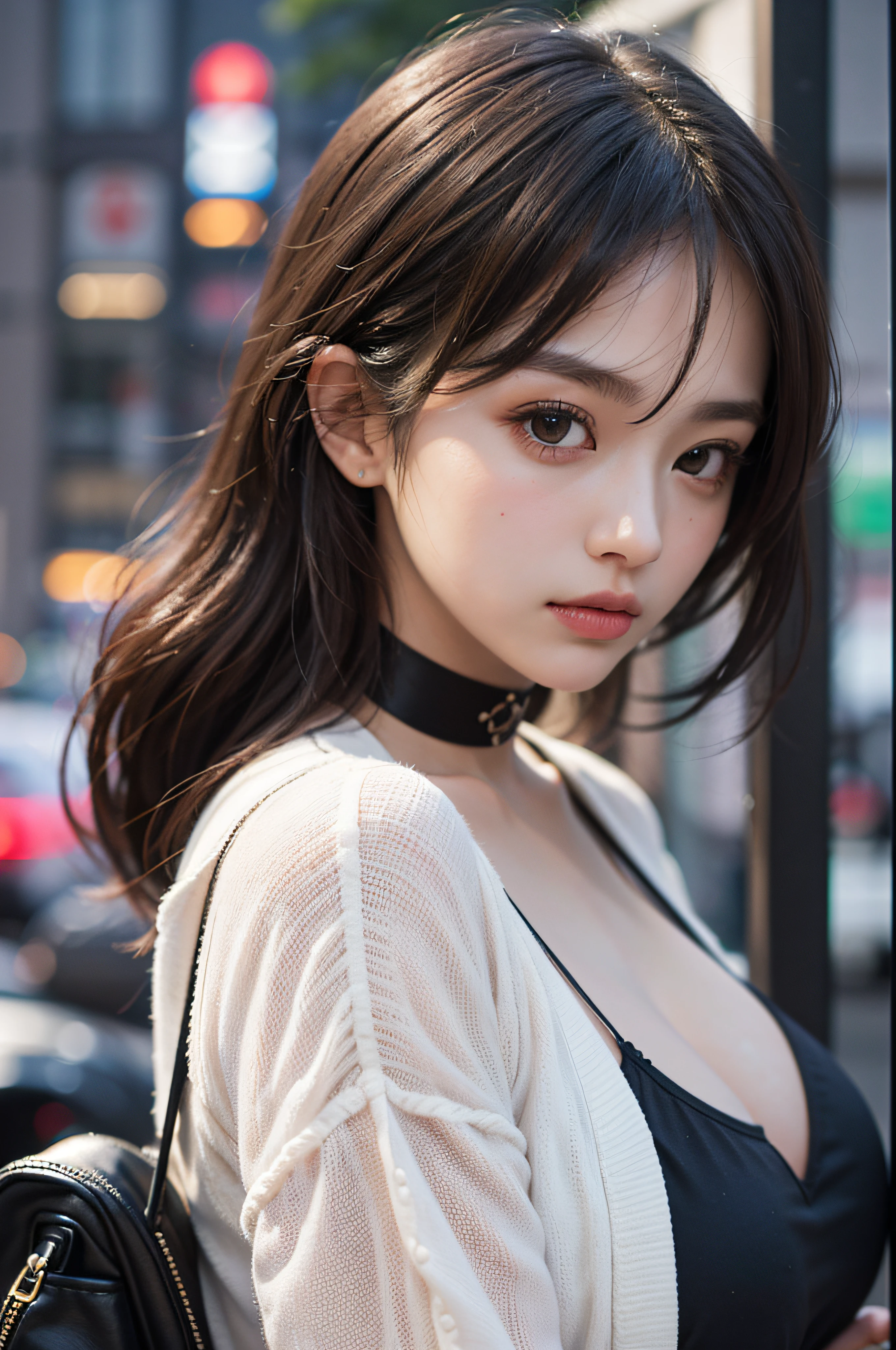 Best Quality Detail:1.2, realisitic, 8K UHD, hight resolution, 1girl in:1.2, The ultra-detailliert, High quality textures, intricate detailes, detaileds, Very detailed CG, High quality shadows, Detail Beautiful delicate face, Detail Beautiful delicate eyes, depth of fields, Ray traching, in her 20s, Pretty Kpop Girl, Korean Urzan Face:1.1, Slender face, ulzzang -6500-v1.1:0.6, pureerosface_v1, gloweyes, teak, Glossy lips, perfectbody, a choker、cleavage of the breast、 Brown hair、poneyTail:1.1, Street, Particle, look at viewr, Photorealsitic:1.4, ultra-detailliert, photos realistic, 4K 8K UHD Full Color RAW Photos, Fuji Film(Medium format:1.2), Hasselblad:1.2, Carl zeiss:1.1, Incredible dynamic range photography(UTIL_Art by Smoose-768:1.1), hight resolution, High pixel count, clear details, crisp image, Natural color reproduction, Noise Reduction, High fidelity, qulity, Software Improvements, Upscaling, Optimized algorithms, Pro-level retouching、((Shibuya, tokyo prefecture))、On the way to shopping、((Fashionable clothes with a very high design))、shirt dress: Oversized Shirt Dresses、Simple and fashionable style