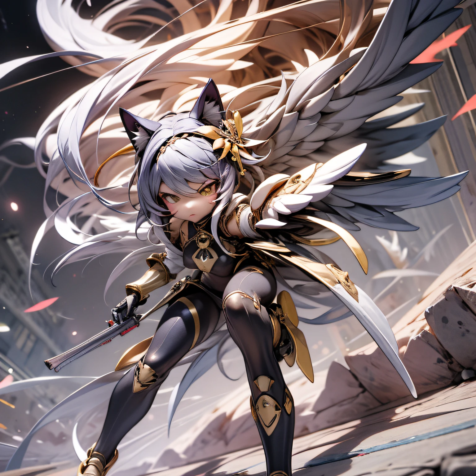 chibi, Complete broker, Mega Mini, cartoon, The body is steel., Metal., The legs are steel., Metal., My favorite cat ears, Running into space, The wings are steel., Metal., The gun is metal steel., Cyber Breed, Action, fight