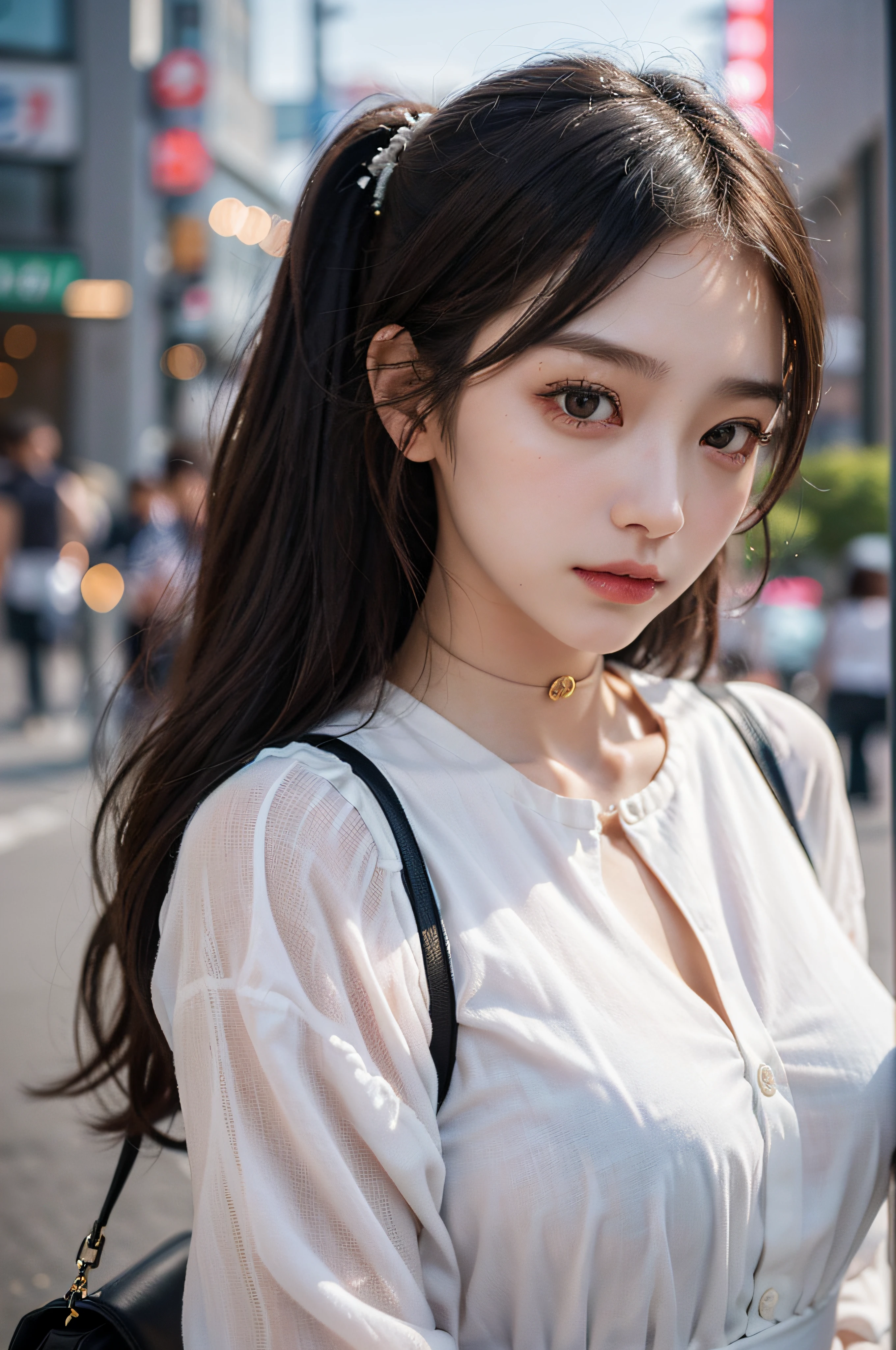 Best Quality Detail:1.2, realisitic, 8K UHD, hight resolution, 1girl in:1.2, The ultra-detailliert, High quality textures, intricate detailes, detaileds, Very detailed CG, High quality shadows, Detail Beautiful delicate face, Detail Beautiful delicate eyes, depth of fields, Ray traching, in her 20s, Pretty Kpop Girl, Korean Urzan Face:1.1, Slender face, ulzzang -6500-v1.1:0.6, pureerosface_v1, gloweyes, teak, Glossy lips, perfectbody, a choker、cleavage of the breast、 Brown hair、poneyTail:1.1, Street, Particle, look at viewr, Photorealsitic:1.4, ultra-detailliert, photos realistic, 4K 8K UHD Full Color RAW Photos, Fuji Film(Medium format:1.2), Hasselblad:1.2, Carl zeiss:1.1, Incredible dynamic range photography(UTIL_Art by Smoose-768:1.1), hight resolution, High pixel count, clear details, crisp image, Natural color reproduction, Noise Reduction, High fidelity, qulity, Software Improvements, Upscaling, Optimized algorithms, Pro-level retouching、((Shibuya, tokyo prefecture))、On the way to shopping、((Fashionable clothes with a very high design))、shirt dress: Oversized Shirt Dresses、Simple and fashionable style