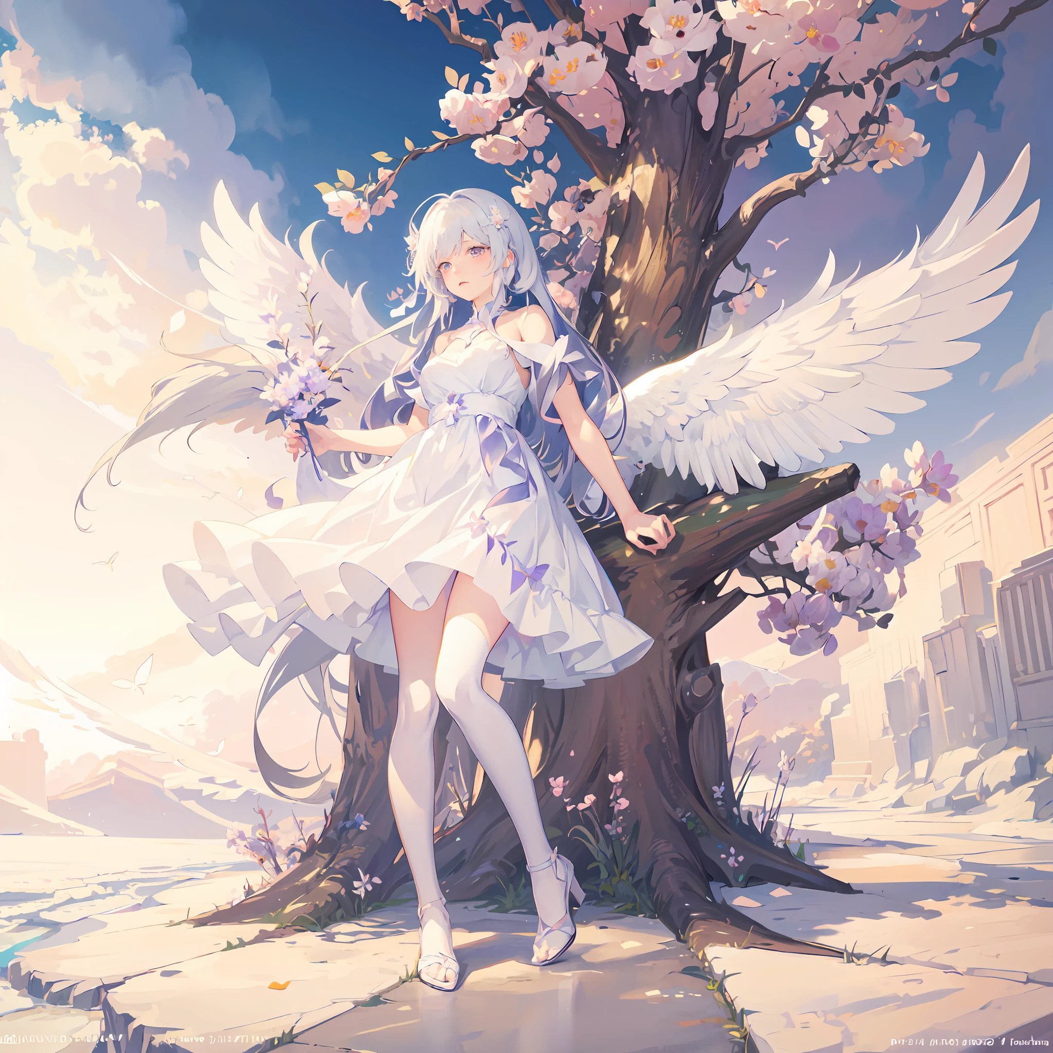 masterpiece、Anime - style image of a woman in a white dress with wings, guweiz on pixiv artstation, of an beautiful angel girl, full - body majestic angel, young wan angel, angel knight girl, Angel Girl, Flower Garden、florals、Hundred Flower Orchid、high detailed official artwork, digital art on pixiv