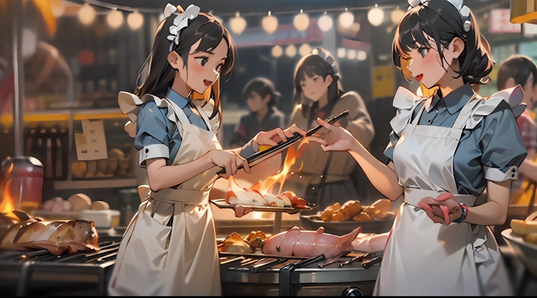 At bustling night market stalls, Two young ladies dressed in maid costumes roast greasy trotters by a barbecue