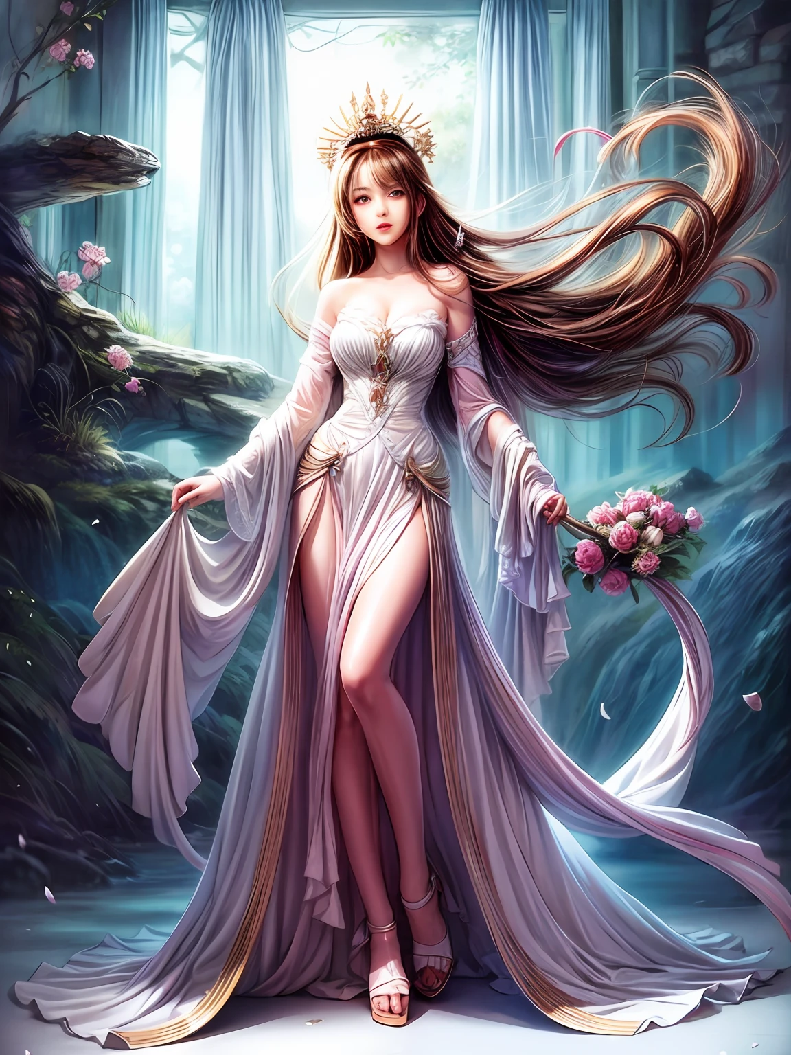 Anime, Watercolor, Chinese Painting, Painting, Art, (White Background: 1.4), Original, (Illustration: 1.1), (Boutique), (Masterpiece: 1.1), (Color: 0.9), (Medium Scene: 1.4), (Full Body: 1.05), (Single: 1.2), Clear and Sharp Focus, Indoors, Looking at the Audience, A Naked Young Woman, ((Beautiful)), Beautiful Face, Brown Hair, Black Eyes,