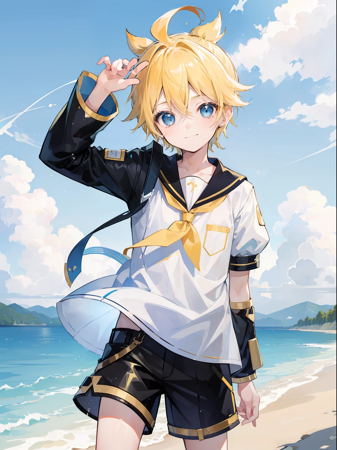 best quality, ultra precision, one boy, (Len_Kagamine), cute, cool, blue eyes, blond hair, shota, cowlick, smile a little, outdoor, characters focus, black short pants, sailor uniform, he loves you, happy, active, cowboy shot, your cute boyfriend