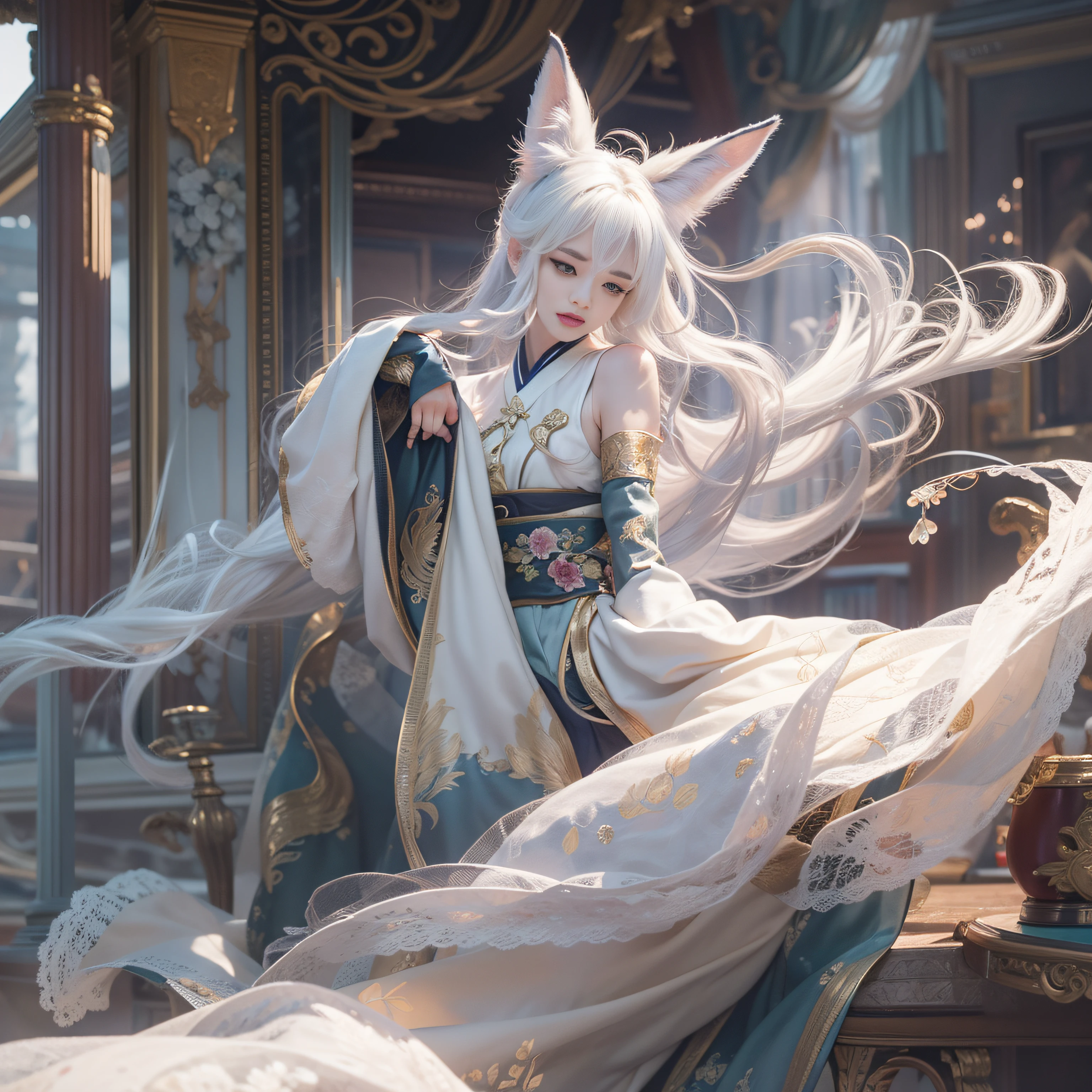Fox ears white hair girl，Dressed in gorgeous Hanfu, Stand and look into the distance，Quaint building next to it，she has a distant expression, profile pose，highly  detailed，tmasterpiece，hyper-high detail，illustratio，dynamic angle，world mastery theater，Long messy hair，best qualtiy，the Extremely Detailed CG Unity 8K Wallpapers，电影灯光，lens flare glow，highly  detailed，Amazing, complex, elite, Art Nouveau, elegant, Luxurious, greg rutkovsky, Vector art beautiful character design, Dual exposure shooting, Luminous design, winning artwork, tmasterpiece,