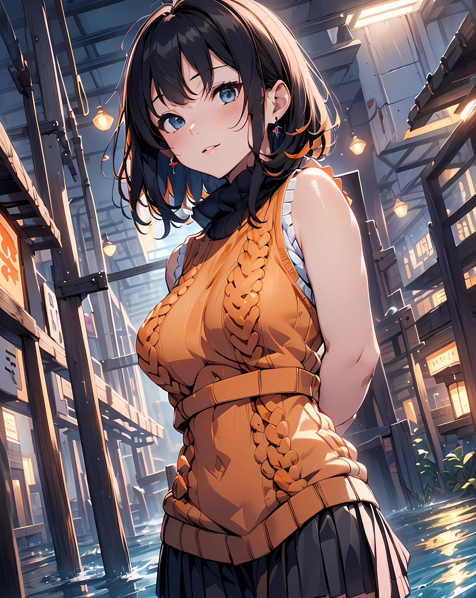 (masterpiece, best quality:1.37), highres, ultra-detailed, ultra-sharp, BREAK, Korean school idol, (((1girl:1.37, solo))), (beautiful anime face, cute face, detailed face), (black hair, thin hair, short hair, bangs, hime-cut), detailed beautiful cyan eyes, BREAK, ((detailed orange sleeveless turtle summer sweater:1.5), BREAK, (detailed black box-pleats short-skirt:1.5)), BREAk, lovely look, water melon earing, detailed clothes), light smile, closed mouth, parted lips, pink lipstick, BREAK, ((standing, leaning forward, arms behind back,:1.3, cowboy shot)), detailed human hands, HDTV:1.2, ((detailed station view background:1.3)), 8 life size, slender, anime style, anime style school girl, perfect anatomy, perfect proportion, inspiration from Kyoto animation and A-1 picture, late evening, excellent lighting, bright colors, clean lines, photorealistic