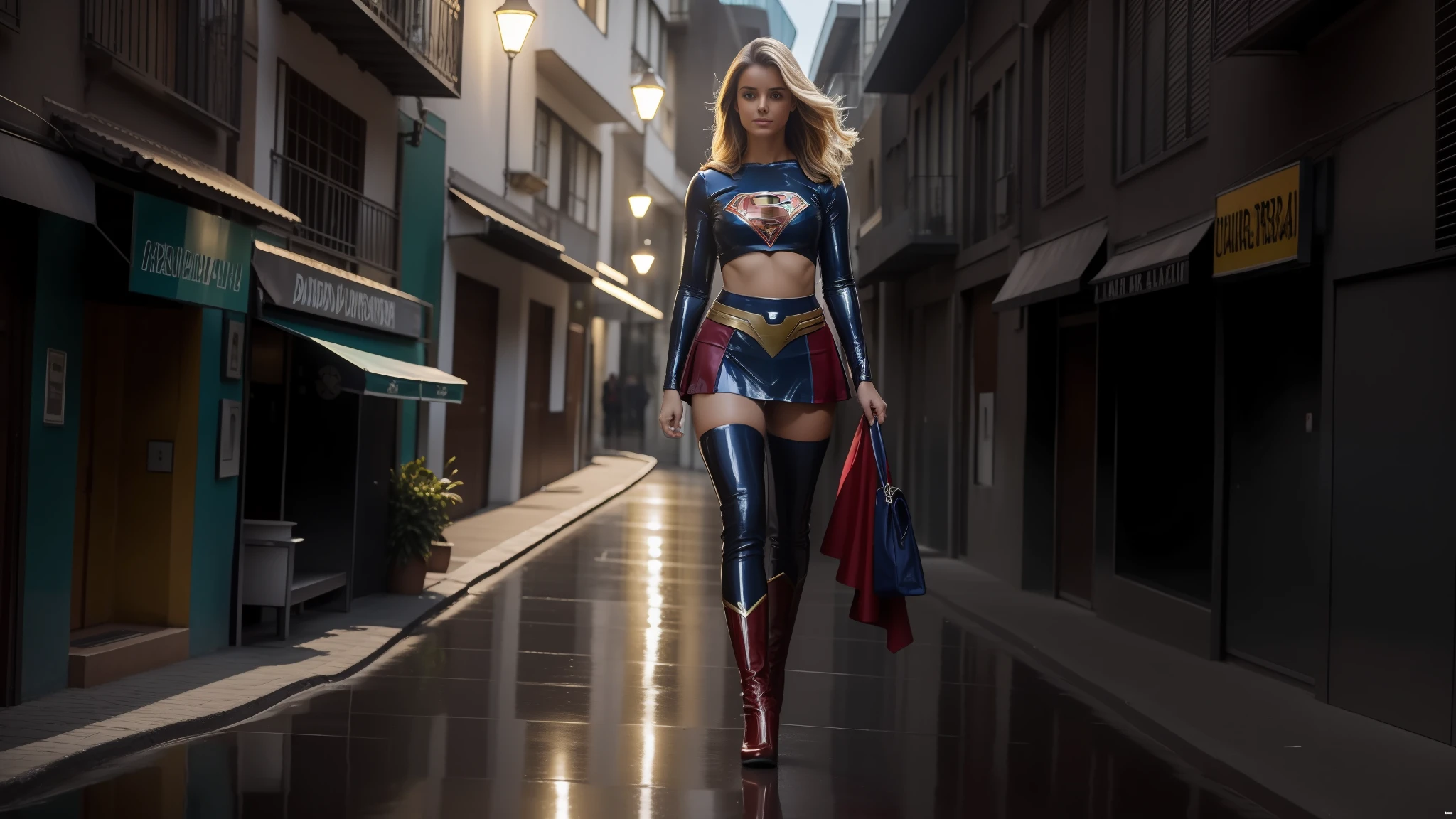 Mulher jovem, rosto perfeito, bonita, athletic, cabelos loiros, coxas grossas, middlebreasts, cintura estreita, usando top de latex com S de supergirl no peito, top de mangas longas, saia de latex preta, minissaia, saia curta, saia justa, roupas curtas, pernas bonitas, pernas nuas, abdome definido, abdome exposto, magra, elegante ambiente urbano, luz do dia