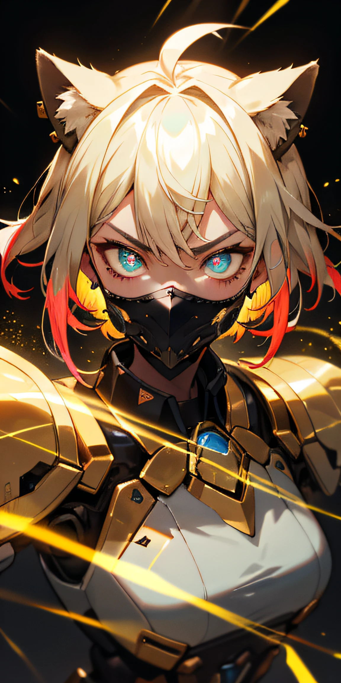 Masterpiece Anime Robot beutiful gold skin ghost lion girl magic, aesthetic_eyes, detailed eyes, demon horn, mask, glowing, random short twintail hair, multicolored hair, body detailed, random very angry face, detailed face, Saenyo Ancalagon Anthropomorphic majestic Guardian | Portrait | finely detailed Bone and Gold armor | cinematic lighting | intricate filigree metal design | 8k | unreal engine | octane render | aesthetic_eyes, detailed eyes, body detailed, ahegao, detailed face, highly detailed, fantasy background, blush, cat_ears_earrings hair_ornament highres jewelry triple_earring, detailed all, solo, fightning stance, magic circle, electrification, lightning effect, ray tracing, detailed all, show your ability A.I, 4K Ultra HD. add face mask, add fullface mask, mouth and nose covered by mask, glowing eyes particle glowing, 4K Wallpaper, robot female,