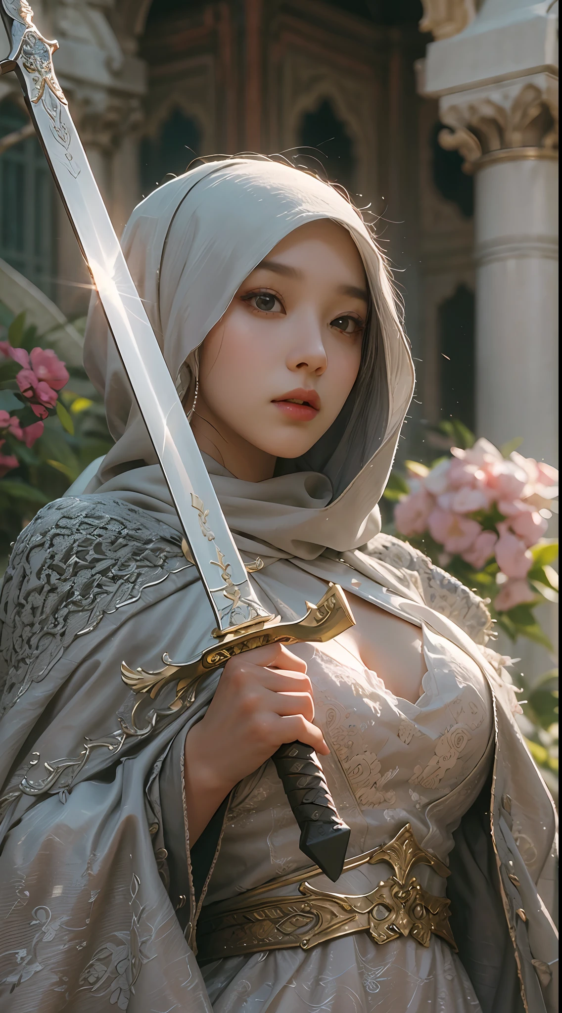 masterpiece, best quality, cinematic light, ultra high res, 8k uhd, intricate details, nature light, film grain, dreamlike, perfect anatomy, best shadow, delicate, RAW>, pleasured expression, spotless face, perfect face, perfect body, expressive eyes, 2girls, wearing cape hijab, sword fighting on the battlefield in front yard of a sultan palace, whole body covered by long dress, wearing full body battle armor, chest cover accessories, non-transparent clothing, kpop idol face, perfect face, perfect body, big chest, 1girl, wearing cape hijab, attacking each other by swords, sword fighting on the battlefield in front yard of a sultan palace, whole body covered by battle armor, chest cover accessories, non-transparent clothing, non-exposed body skin, kpop idol face, perfect face, perfect body, big chest, a beautiful woman, wearing cape hijab, whole body covered by battle armor, standyng on the flower garden in front yar of a mosque, holding sword, elegant style pose, kpop idol face, perfect face, perfect body, big chests,