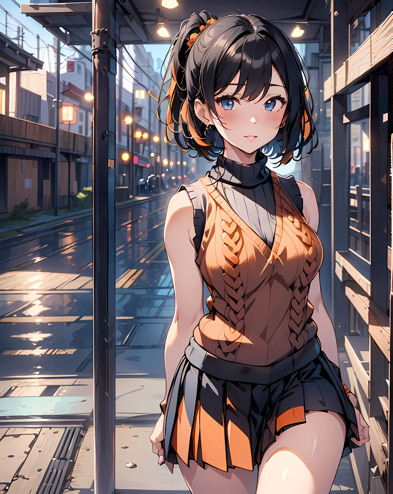 (masterpiece, best quality:1.37), highres, ultra-detailed, ultra-sharp, BREAK, Korean school idol, (((1girl:1.37, solo))), (beautiful anime face, cute face, detailed face), (black hair, thin hair, short hair, bangs, hime-cut), detailed beautiful cyan eyes, BREAK, ((detailed orange sleeveless turtle summer sweater:1.5), BREAK, (detailed black box-pleats short-skirt:1.5)), BREAk, lovely look, water melon earing, detailed clothes), light smile, closed mouth, parted lips, pink lipstick, BREAK, ((standing, leaning forward, arms behind back,:1.3, cowboy shot)), detailed human hands, HDTV:1.2, ((detailed station view background:1.3)), 8 life size, slender, anime style, anime style school girl, perfect anatomy, perfect proportion, inspiration from Kyoto animation and A-1 picture, late evening, excellent lighting, bright colors, clean lines, photorealistic