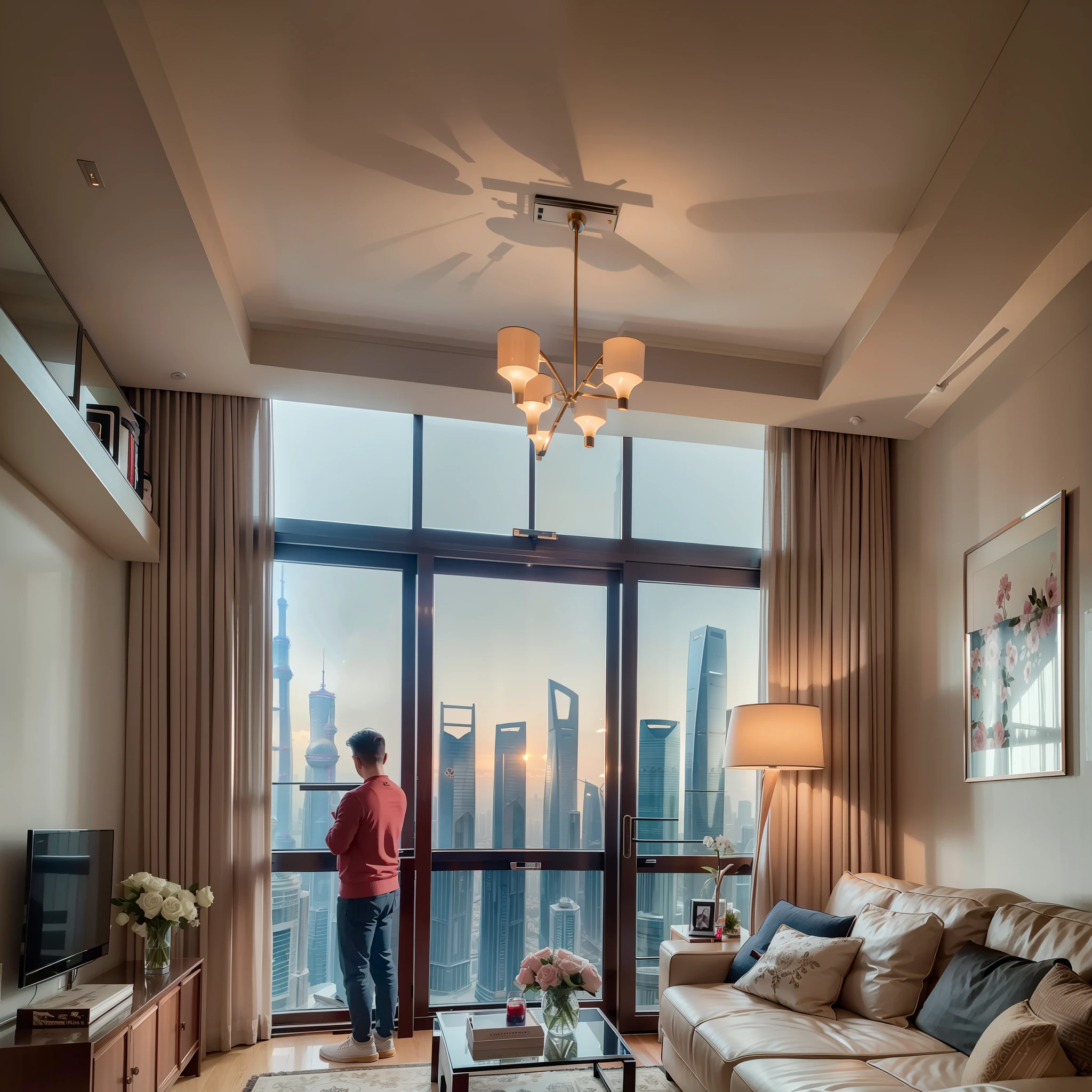 Apartment on the 108th floor of Shanghai Tower，Family of 5 watching TV in the living room，There are two dachshunds next to them，Canon shooting，See the Bund with a telescope