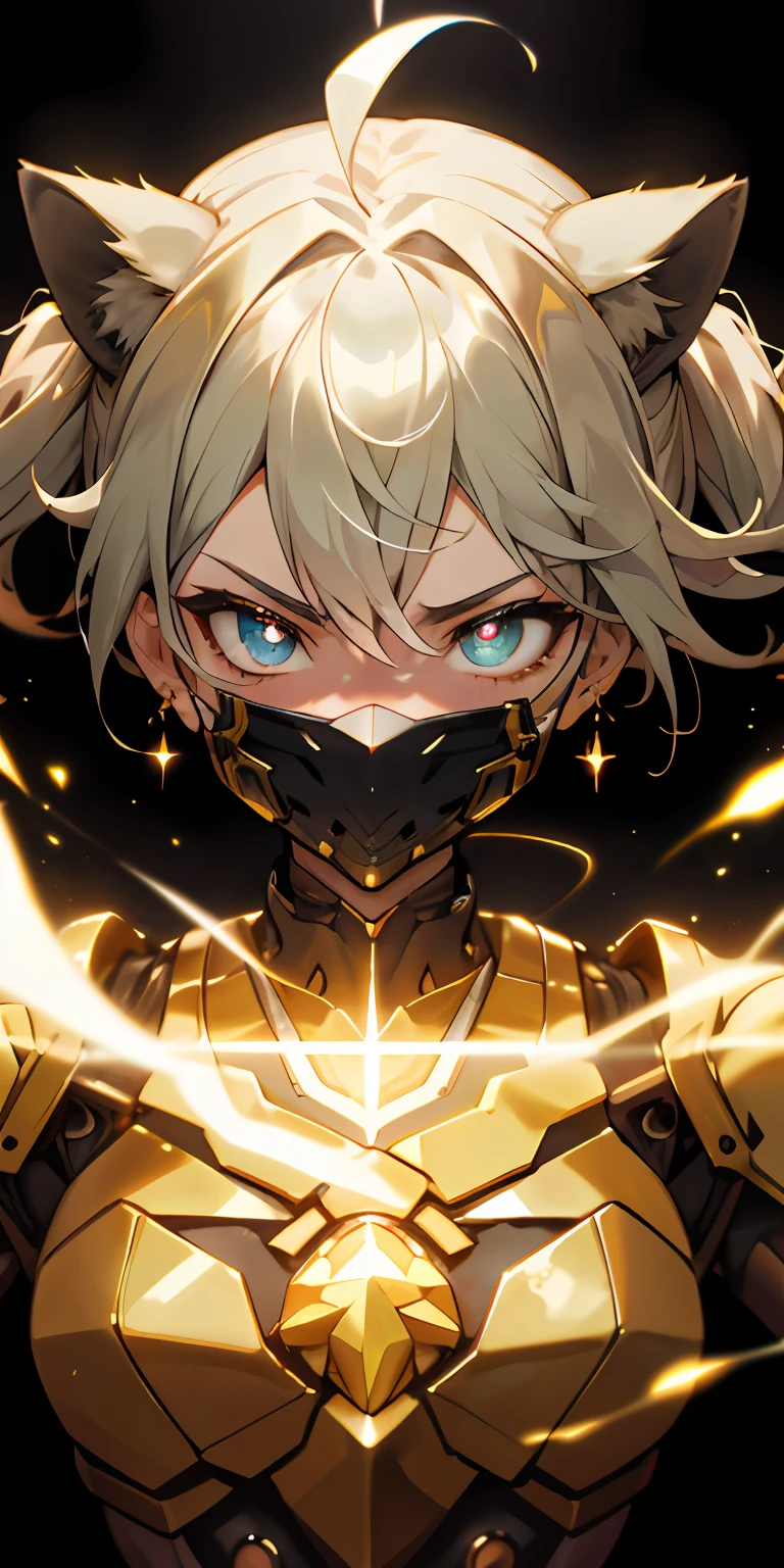 Masterpiece Anime Robot beutiful gold skin ghost lion girl magic, aesthetic_eyes, detailed eyes, demon horn, mask, glowing, random short twintail hair, multicolored hair, body detailed, random very angry face, detailed face, Saenyo Ancalagon Anthropomorphic majestic Guardian | Portrait | finely detailed Bone and Gold armor | cinematic lighting | intricate filigree metal design | 8k | unreal engine | octane render | aesthetic_eyes, detailed eyes, body detailed, ahegao, detailed face, highly detailed, fantasy background, blush, cat_ears_earrings hair_ornament highres jewelry triple_earring, detailed all, solo, fightning stance, magic circle, electrification, lightning effect, ray tracing, detailed all, show your ability A.I, 4K Ultra HD. add face mask, add fullface mask, mouth and nose covered by mask, glowing eyes particle glowing, 4K Wallpaper, robot female,