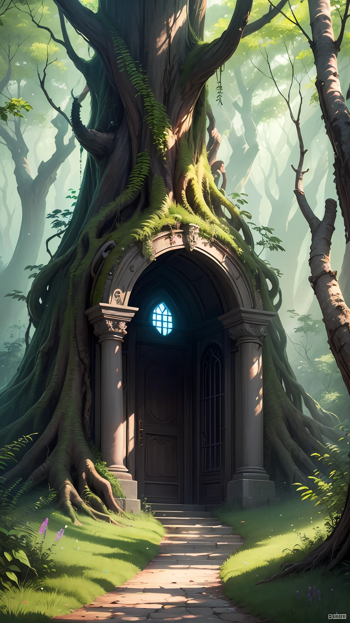 "Amidst the ancient trees, there lies a hidden portal to a magical forest. Show us the breathtaking beauty and the mysterious creatures that dwell within. --auto --s2