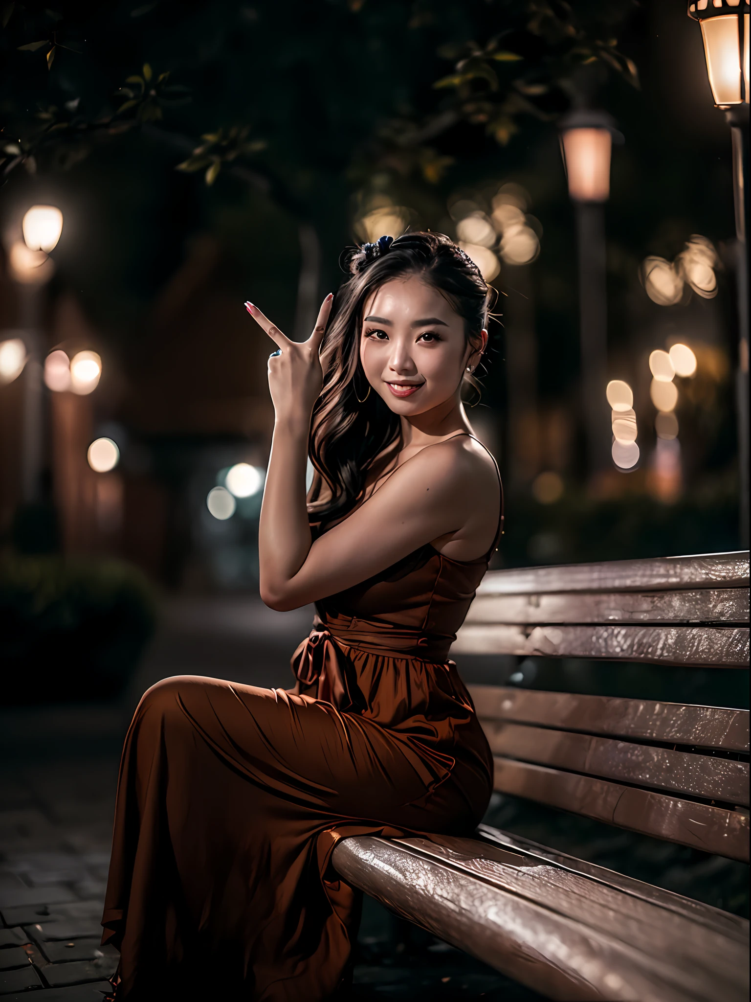 (masterpiece, high resolution:1.3), (nighttime portrait of a Chinese woman:1.2), (her long hair elegantly tied in a bun, accentuating her features:1.1), (Canon EOS R5 camera, perfect for capturing stunning portraits even in low light:1.2), (paired with the Canon RF 50mm f/1.2 L USM lens:1.2), (her captivating honey-colored eyes shining brightly:1.2) , (her makeup creating a flawless and radiant complexion:1.³), (her thick and well-defined black eyebrows framing her face beautifully:1.3), (sitting gracefully on a park bench:1.1), (posing for the photo with a warm smile and making a "V" sign with one hand:1.4), (the nighttime scene illuminated by a lamppost:1.1), (the soft glow of the lamppost creating a magical ambiance:1.1), (a moment of genuine happiness and charm captured in the portrait:1.1), (a perfect harmony of natural beauty and urban setting:1.1), (the contrast of the dark night and the radiant woman enhancing the allure of the photo:1.1), (a portrayal of an elegant and confident woman:1.1), (the "V" sign adding a touch of playfulness to the composition:1.1), (the photo conveying a sense of positivity and joy:1.1), (a captivating night portrait that tells a story of warmth and happiness:1.1), (the woman's charisma and poise drawing viewers in:1.1), (a timeless depiction of a modern woman embracing her beauty:1.1), (the park bench providing a serene and relaxed setting:1.1), (a moment captured in the quietude of the night:1.1), (the Canon RF 50mm f/1.2 L USM lens capturing the woman's charm and expression with precision:1.1), (an image that celebrates the beauty and diversity of humanity:1.1), (a nighttime portrait that evokes a sense of wonder and admiration:1.1).