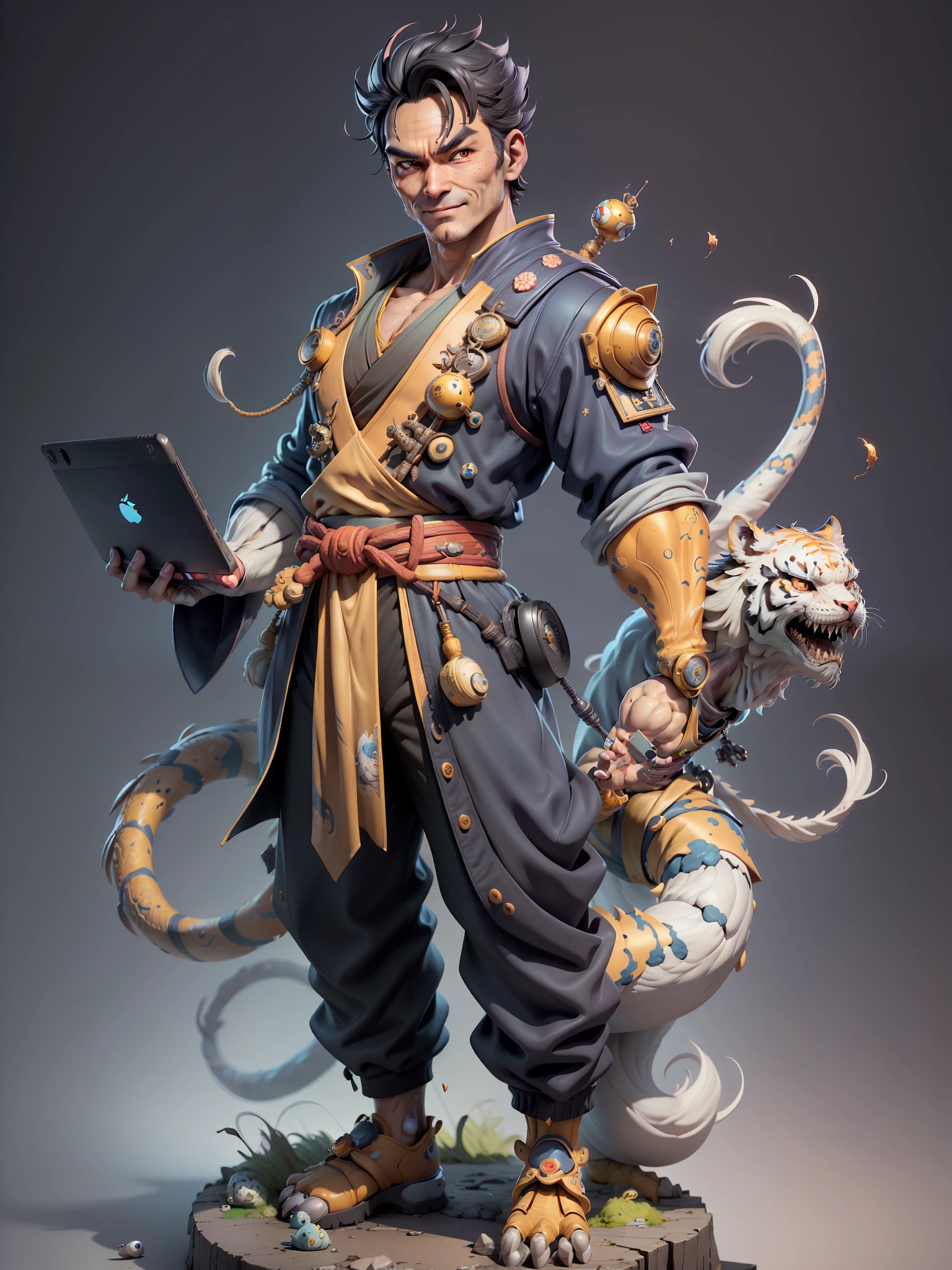 (Masterpiece), (Excellent), (Super Meticulous), (Full Body: 1.2), Super Young Man with Japanese Female Geisha, Beauty, Chinese Dragon, Tiger, Wind God Thor, Sexy, Bursting, Oriental Face, TV Anchor, Bust Portrait Illustration, Black Suit, Blue Tie, Slightly Chubby, Very Clean Face, No Beard, Black Super Short Hair, Black Eyes, Confident Smile, 3c Computer Sub-Products, iPad, iPhone, Digital Painting, 3D Character Design by Mark Claireden and Pixar and Hayao Miyazaki and Akira Toriyama, The illustration is a high-definition illustration in 4K resolution with very detailed facial features and cartoon-style visuals.