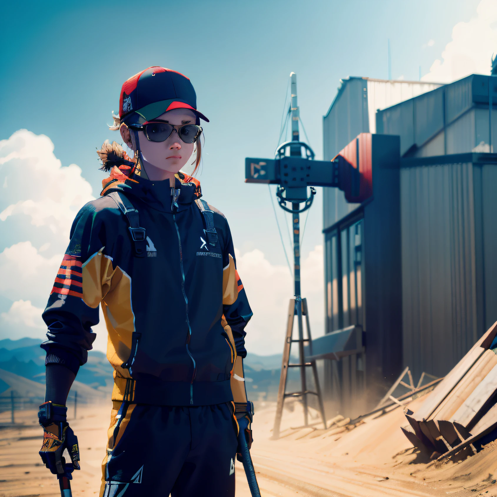 There was a woman standing in the dirt with skis and poles, photograph of a techwear woman, as an overwatch character, in a post apocalyptic setting, in a post-apocalyptic wasteland, With a red and black cap, loba andrade from apex legends, wearing cyberpunk 2 0 7 7 jacket, standing in wasteland, drdisrespect as a gundam, Futuristic female beekeeper