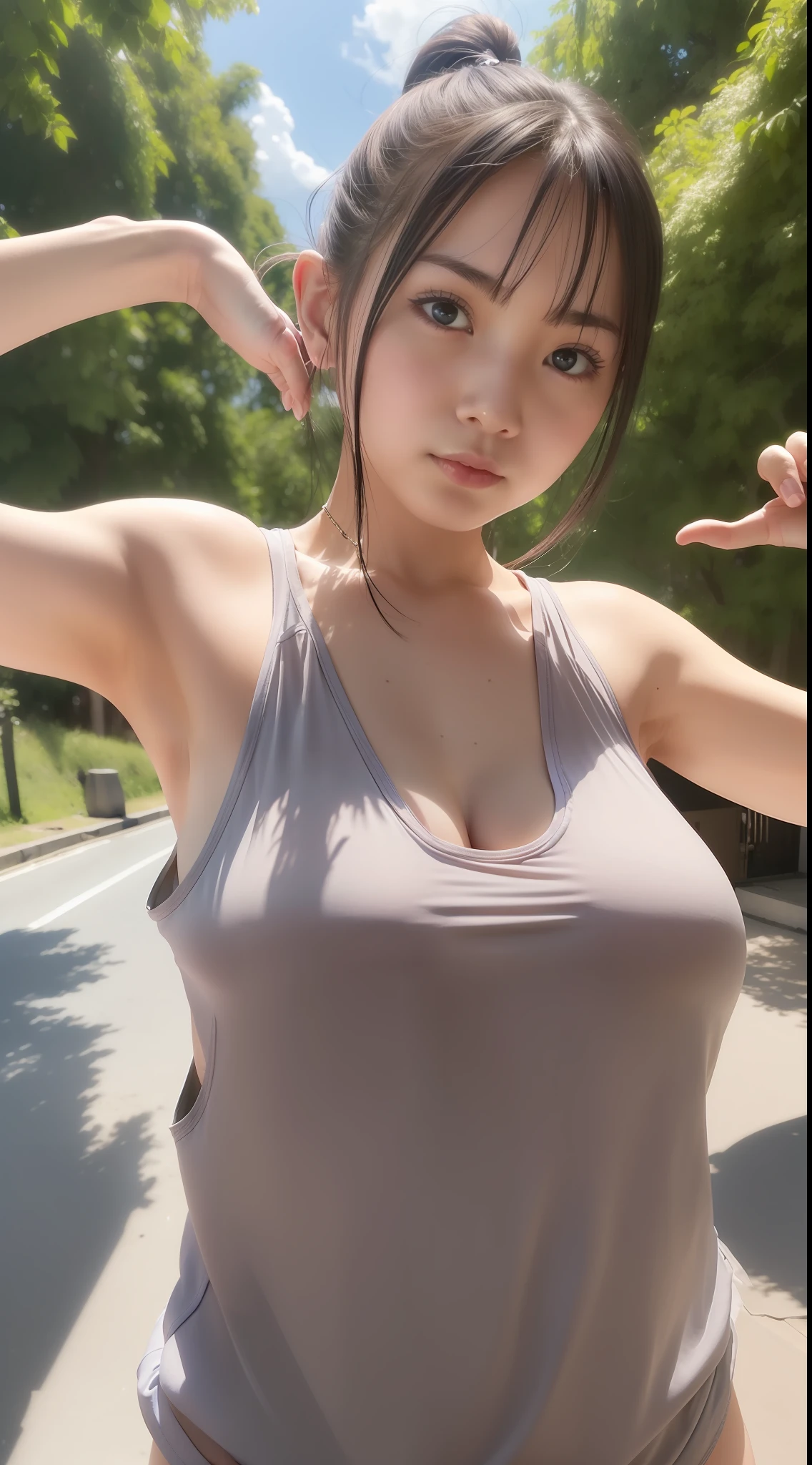 shinny skin、breastsout、high detailing、超A high resolution、(Photorealsitic)  Ponytail cute big tank top beautiful eyes、Big chest Hide hands Pose with arms raised up Embarrassed face