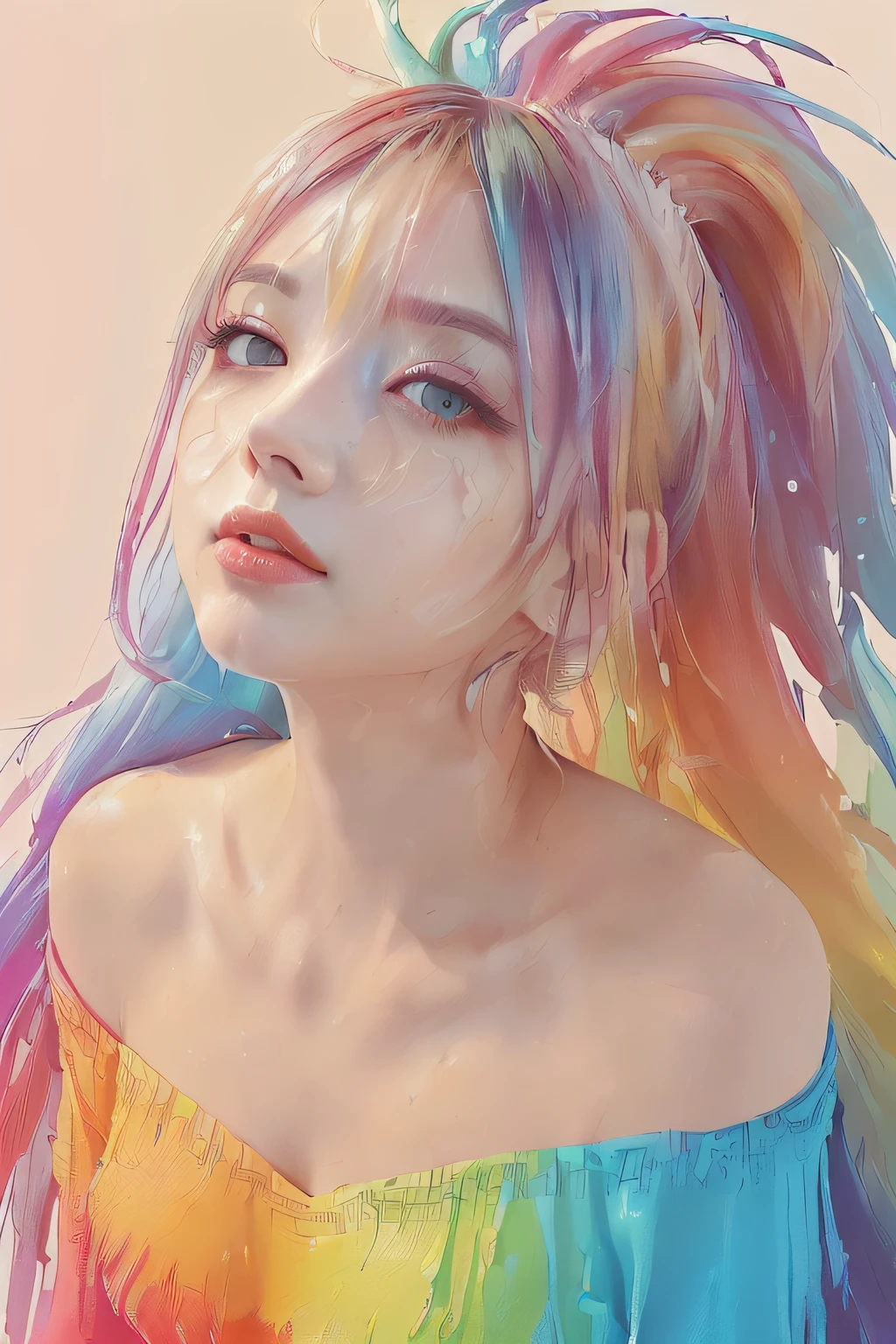 (Pink Fashion T-shirt:1.9),(Colorful hair: 1.8), (all the colours of the rainbow: 1.8),(((((vertical painting:1.6))), (painting:1.6),front, comics, illustrations, paintings, large eyes, crystal clear eyes,( rainbow color gradient high ponytail:1.7), exquisite makeup, closed mouth,(Small Fresh: 1.5),(Wipe Chest: 1.6) ,long eyelashes, white off shoulder T-shirt, White Shoulder Shirt,looking at the audience, large watery eyes, (rainbow colored hair:1.6), color splash, (solo:1.8), color splash, color explosion, thick paint style, messy lines, ((shining)),(colorful), (colorful), (colorful), colorful, Thick Paint Style, (Splash) (Color Splash), Vertical Painting, Upper Body, Paint Splash, Acrylic Pigment, Gradient, Paint, Highest Image Quality, Highest Quality, Masterpiece, Solo, Depth of Field, Face Paint, colorful clothes, (Elegant: 1.2), gorgeous,long hair, wind, (Elegant: 1.3), (Petals: 1.4),(((masterpiece))),(((best quality))),((ultra-detailed)),(illustration),(dynamic angle),((floating)),(paint),((disheveled hair)),(solo),(1girl) , (((detailed anima face))),((beautiful detailed face)),collar,bare shoulders,white hair, ((colorful hair)),((streaked hair)),beautiful detailed eyes,(Gradient color eyes),(((colorful eyes))),(((colorful background))),(((high saturation))),(((surrounded by colorful splashes))),