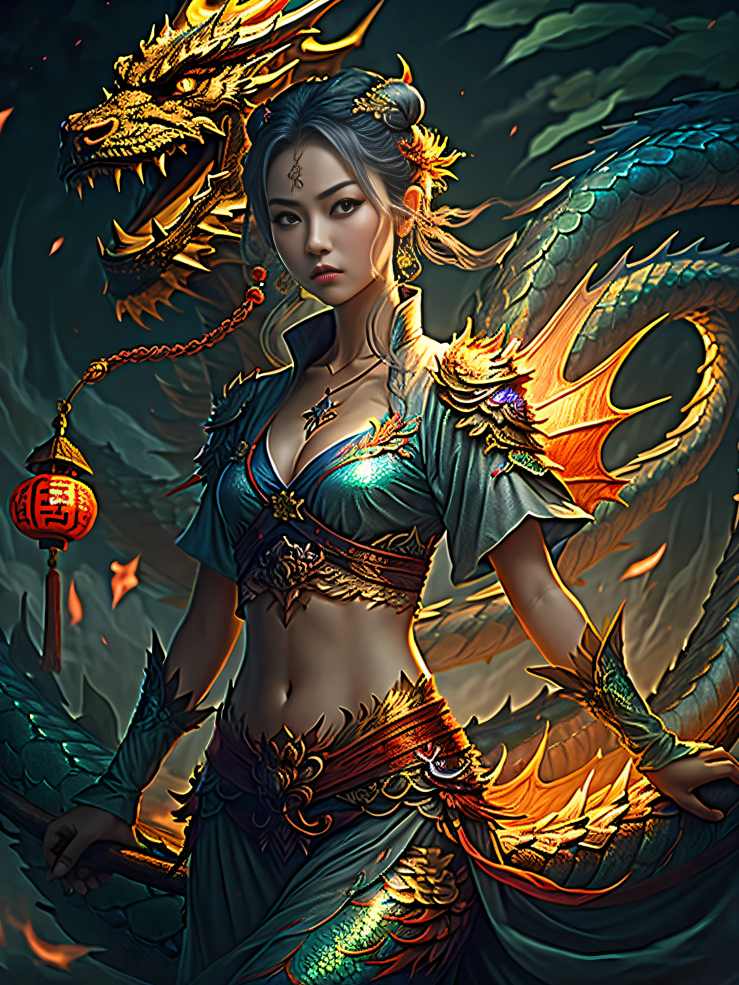 masterpiece, best quality,Chinese fairy, 1girl\(\) and iris red dragon, Chinese dragon pan glaring at girl, bun, dark gray background,