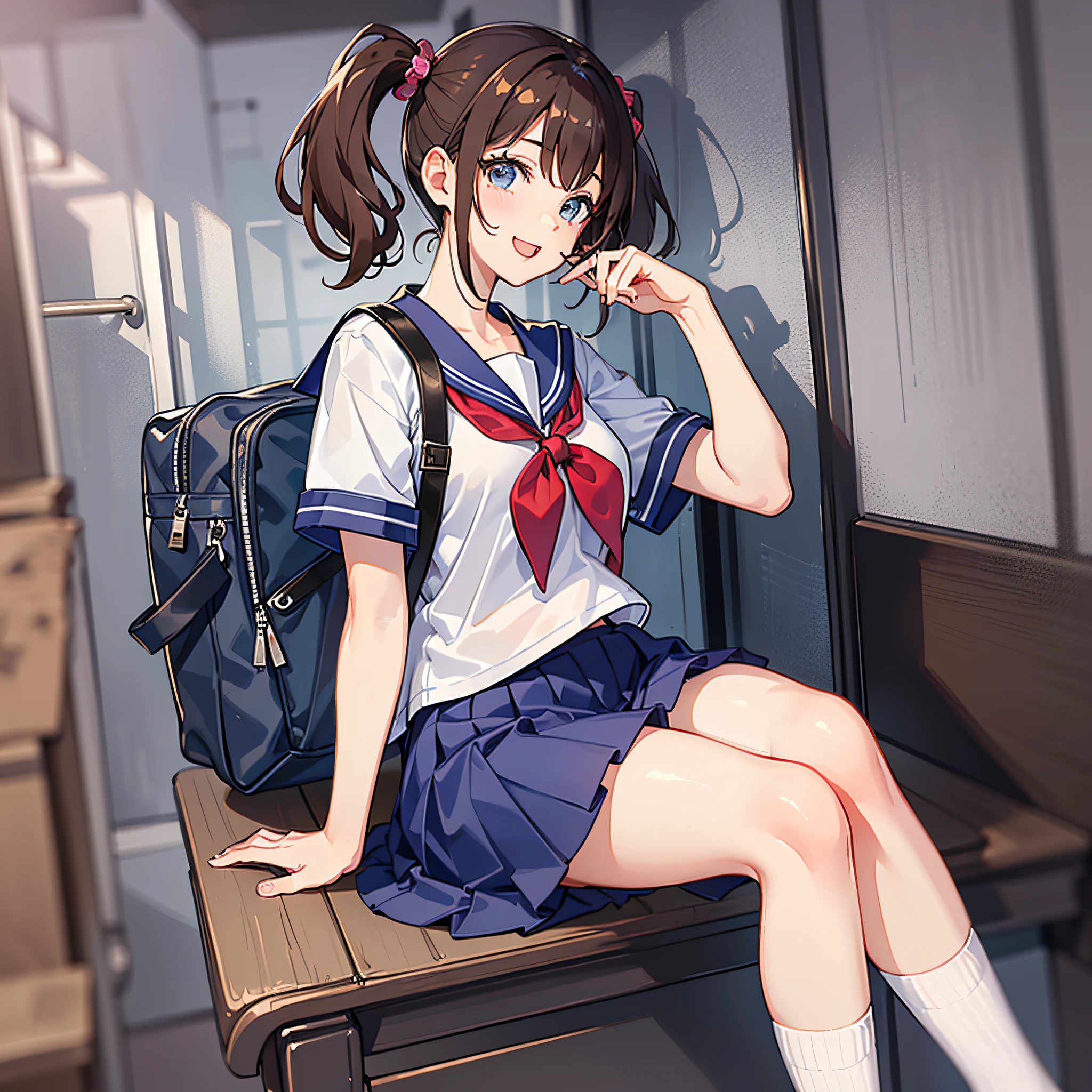 Cheerful and cheerful schoolgirl、masterpiece、top-quality、Perfect human body structure、a sailor suit、Loose socks、Schools、cute face、Double eyelids、Brown hair、poneyTail、School bag、Glamour、large udder、