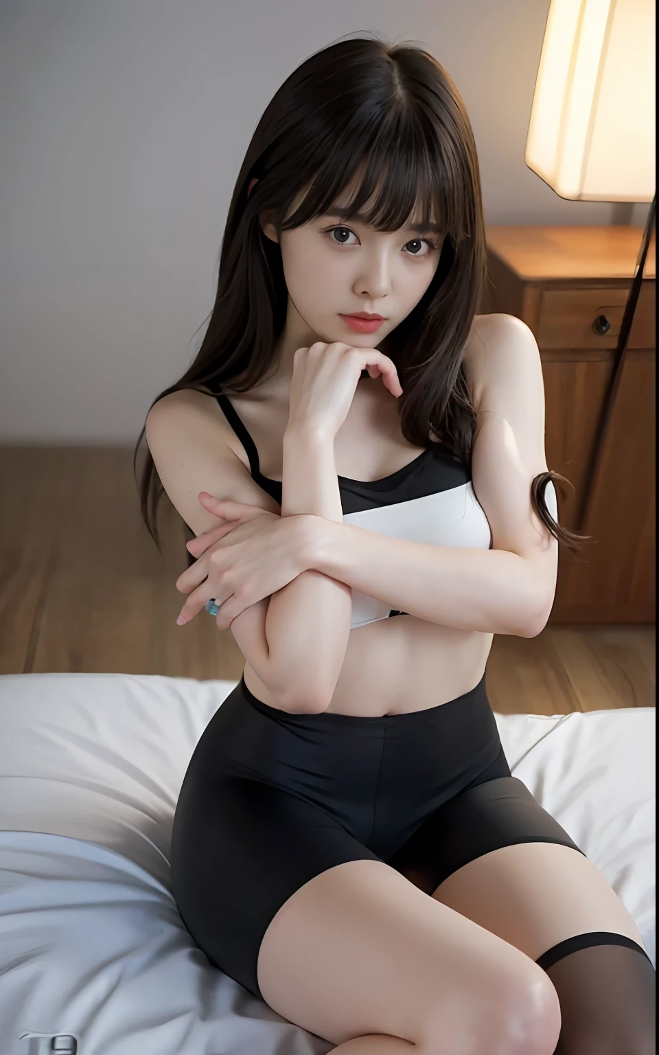 ​masterpiece、​masterpiece、top-quality、top-quality、realisitic、Unity、8K Picture Wallpaper、Official art、Highly detailed CG Unity 8K wallpapers、ulzzang-6500、one girls、cute little、Professional Lighting、((Long black spandex shorts:1.37))、length hair、dishevled hair、　(Original: 1.2)、(realisitic: 1.4)、ultra-detailliert、hight resolution、ultra-detailliert,splendid, finely detail, lighting like a movie、Simple costumes, Detailed clothing texture、a bed、skirt by the、Projection from above。 (8K、Raw photography、top-quality、​masterpiece:1.27)、(realisitic、Photorealsitic:1.37)、physically-based renderingt、a handsome、​masterpiece、top-quality、hight resolution、