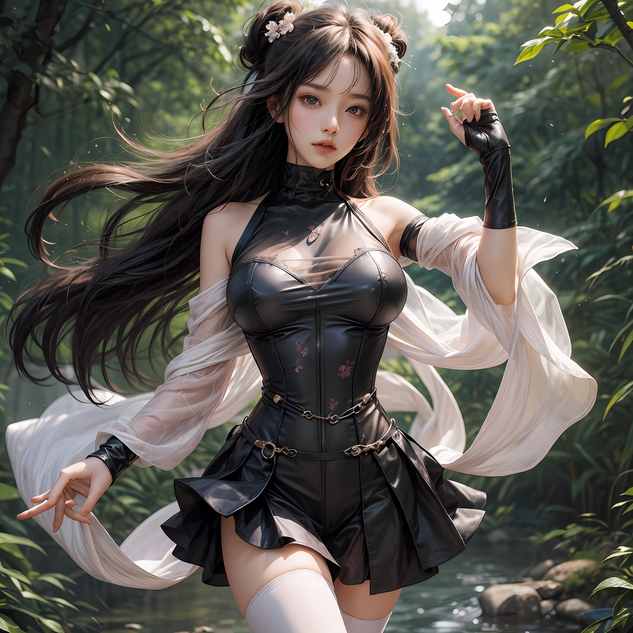 Holding a large see-through stole with pale pink floral pattern with both hands、Swaying in the wind。dark color、SM Costumes、shackle、Halter Neck Bodysuit、Rubber Suit Corset、garterbelts、Upper eye、light-colored skin and loose navel skin,,。Skirt flutters in the wind and spreads。Dynamic Posing。Dancing Poses。
Loose clothing shows shoulders。Very beautiful girl at 19 years old。
Hair swaying in the wind。 masutepiece、Best Photoreal、portlate、Sheer clothing、wetted skin、Wet hair、Sexy look、Functional、Bewitching、Clothes with an open back、Oblique composition、Waterfall in the forest、Big hair ornament、Medium chest、Navel Ejection、Shiny knee-high socks、Bold open chest clothes、、hair adornments、See-through gloves、
