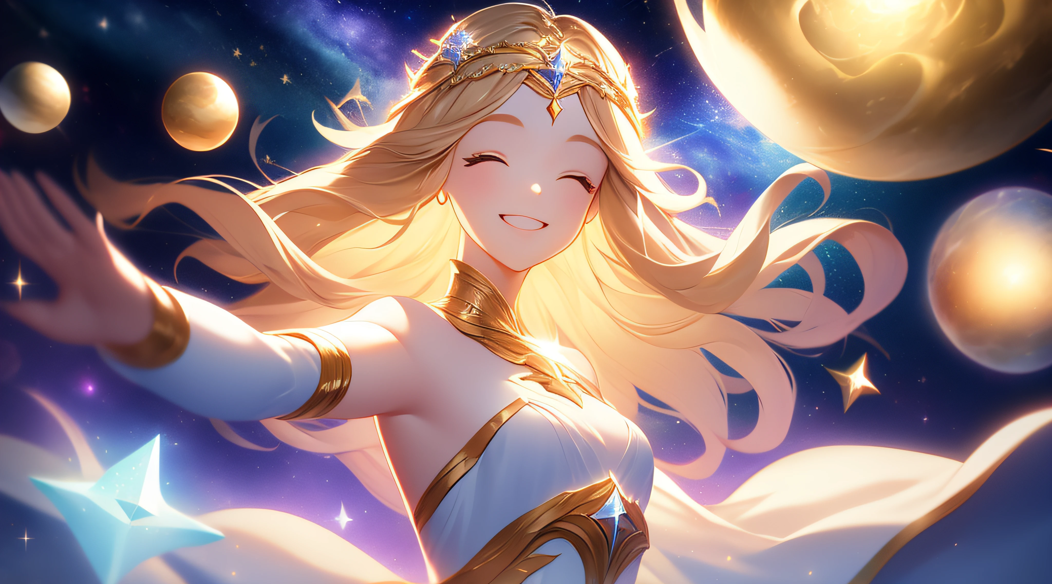 beautiful smiling face、goddes、kosmos、Floating in the middle of the universe、optic、Fantasyart、Goddess smile