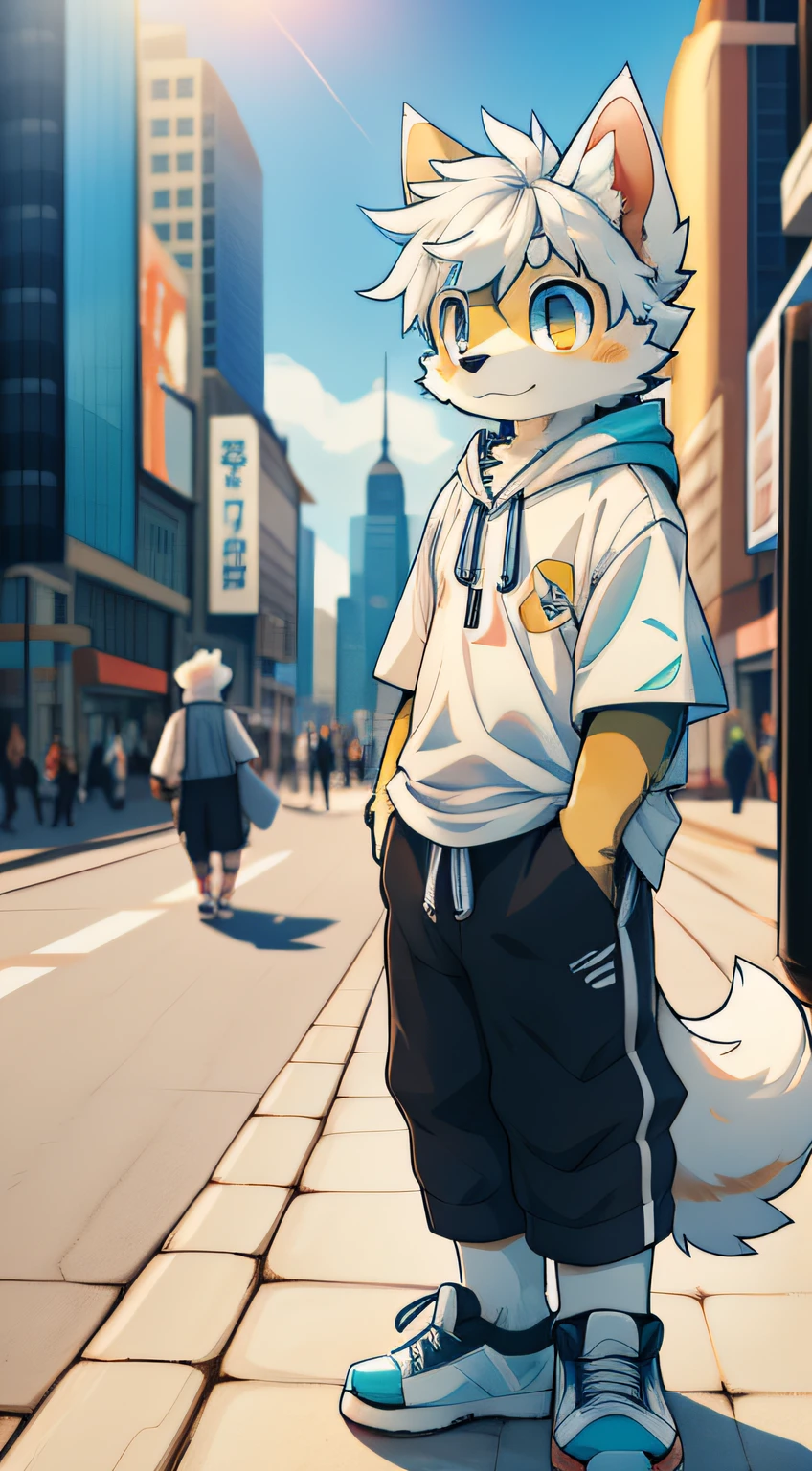 （Clear cyan eyes）， White hair， White dog tail， {Short white sleeves with pockets，}，White cropped pants，exteriors，Sunny environment:0.8),masterpiece,high quality,abstract res,digital painting\(artwork\), by dagasi, yupa,kiyosan,(anthro,fluffy fur,character focus:1.1),anthro male cat,short hair,portrait , eyes with brightness, in a panoramic view, Character focus.(detailedbackground:Large cities 0 during the day.7), 独奏, shaggy, shaggy male, malefocus, anthr,(Full Body Furry, Fluffy big tail, White fur,adolable ，Dog nose，Yellow doji eyes,Cute, bright and big eyes with God， black color hair:1.2), (long canines、Dog Samoyed、White hooded T-shirt、white ultra short pants、White shoes、White rounded ears、White hair all over the body：1.2），（external、big city，In the daytime，time square：1.1