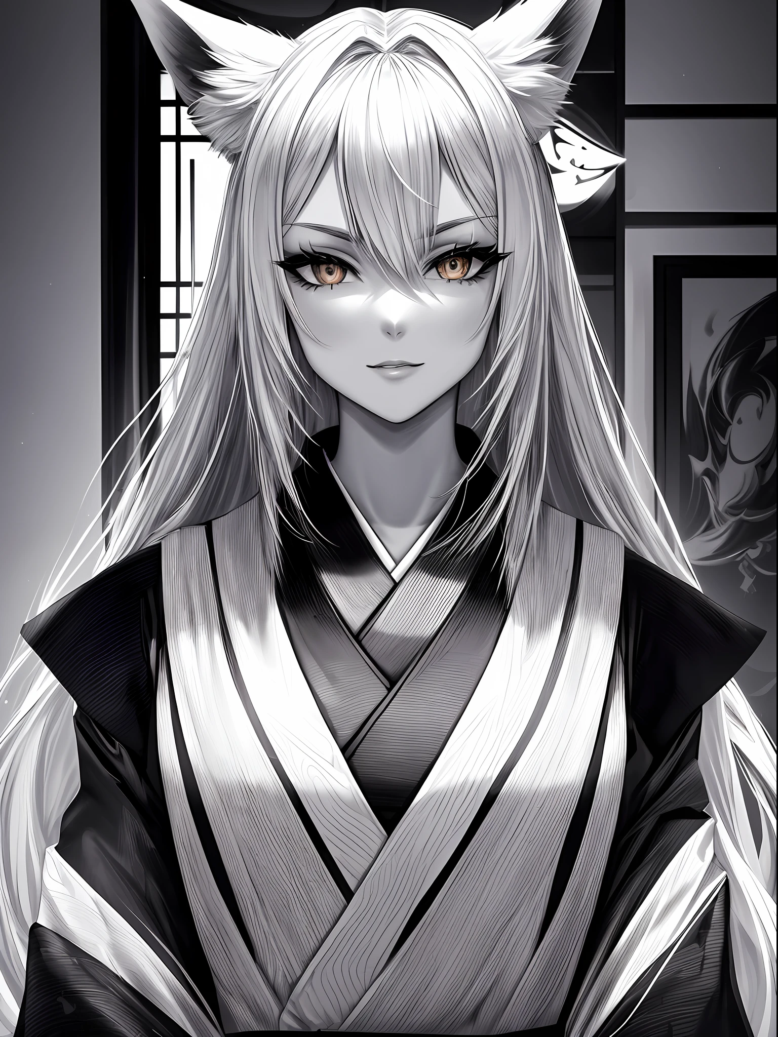 upper body portrait, monochrome, black and white, Film noir screen cap ,(8K), (large masterpiece photograph), stunning fox demon, silver hair femme fatale in stylish Japanese kimono, white tail, seductive, beautiful