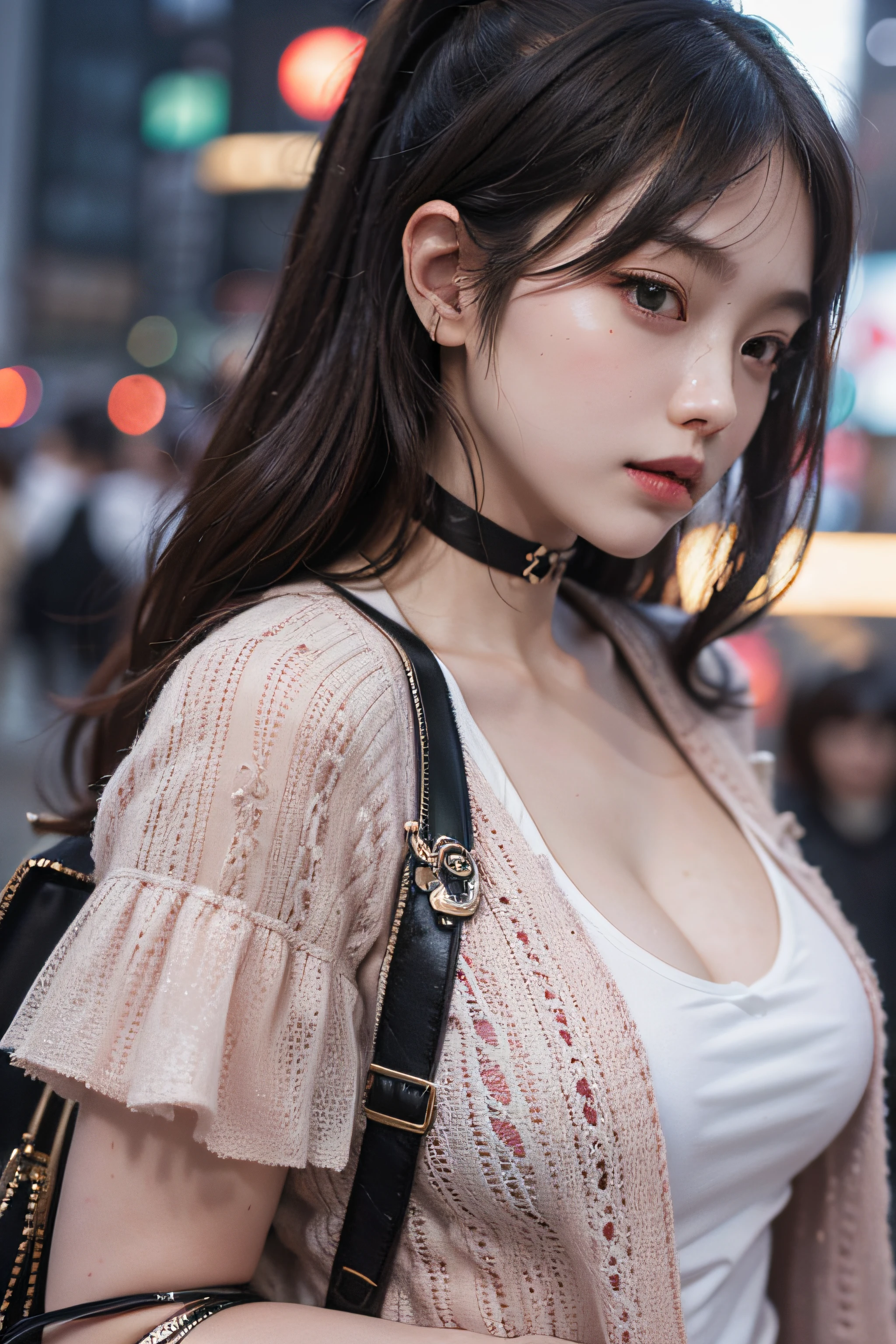 Best Quality Detail:1.2, realisitic, 8K UHD, hight resolution, 1girl in:1.2, The ultra-detailliert, High quality textures, intricate detailes, detaileds, Very detailed CG, High quality shadows, Detail Beautiful delicate face, Detail Beautiful delicate eyes, depth of fields, Ray traching, in her 20s, Pretty Kpop Girl, Korean Urzan Face:1.1, Slender face, ulzzang -6500-v1.1:0.6, pureerosface_v1, gloweyes, teak, Glossy lips, perfectbody, a choker、cleavage of the breast、 Brown hair、poneyTail:1.1, Street, Particle, look at viewr, Photorealsitic:1.4, ultra-detailliert, photos realistic, 4K 8K UHD Full Color RAW Photos, Fuji Film(Medium format:1.2), Hasselblad:1.2, Carl zeiss:1.1, Incredible dynamic range photography(UTIL_Art by Smoose-768:1.1), hight resolution, High pixel count, clear details, crisp image, Natural color reproduction, Noise Reduction, High fidelity, qulity, Software Improvements, Upscaling, Optimized algorithms, Pro-level retouching、((Shibuya, tokyo prefecture))、On the way to shopping、((Fashionable clothes with a very high design))、graphic t-shirt: Art and Logos、Graphic T-shirts printed with anime characters are trending.、Used for unique styling