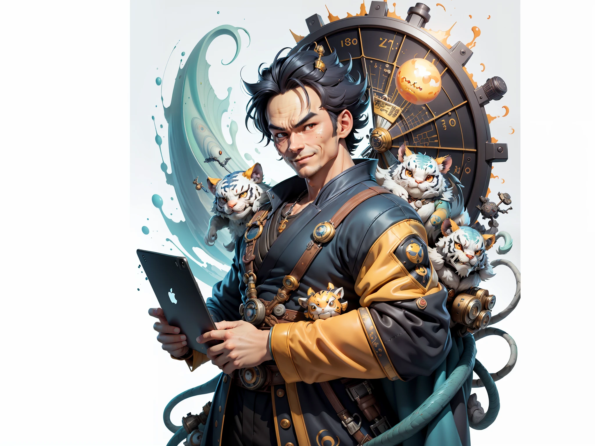 (Masterpiece), (Excellent), (Super Meticulous), (Full Body: 1.2), Super Young Man with Japanese Female Geisha, Beauty, Chinese Dragon, Tiger, Wind God Thor, Sexy, Bursting, Oriental Face, TV Anchor, Bust Portrait Illustration, Black Suit, Blue Tie, Slightly Chubby, Very Clean Face, No Beard, Black Super Short Hair, Black Eyes, Confident Smile, 3c Computer Sub-Products, iPad, iPhone, Digital Painting, 3D Character Design by Mark Claireden and Pixar and Hayao Miyazaki and Akira Toriyama, The illustration is a high-definition illustration in 4K resolution with very detailed facial features and cartoon-style visuals.