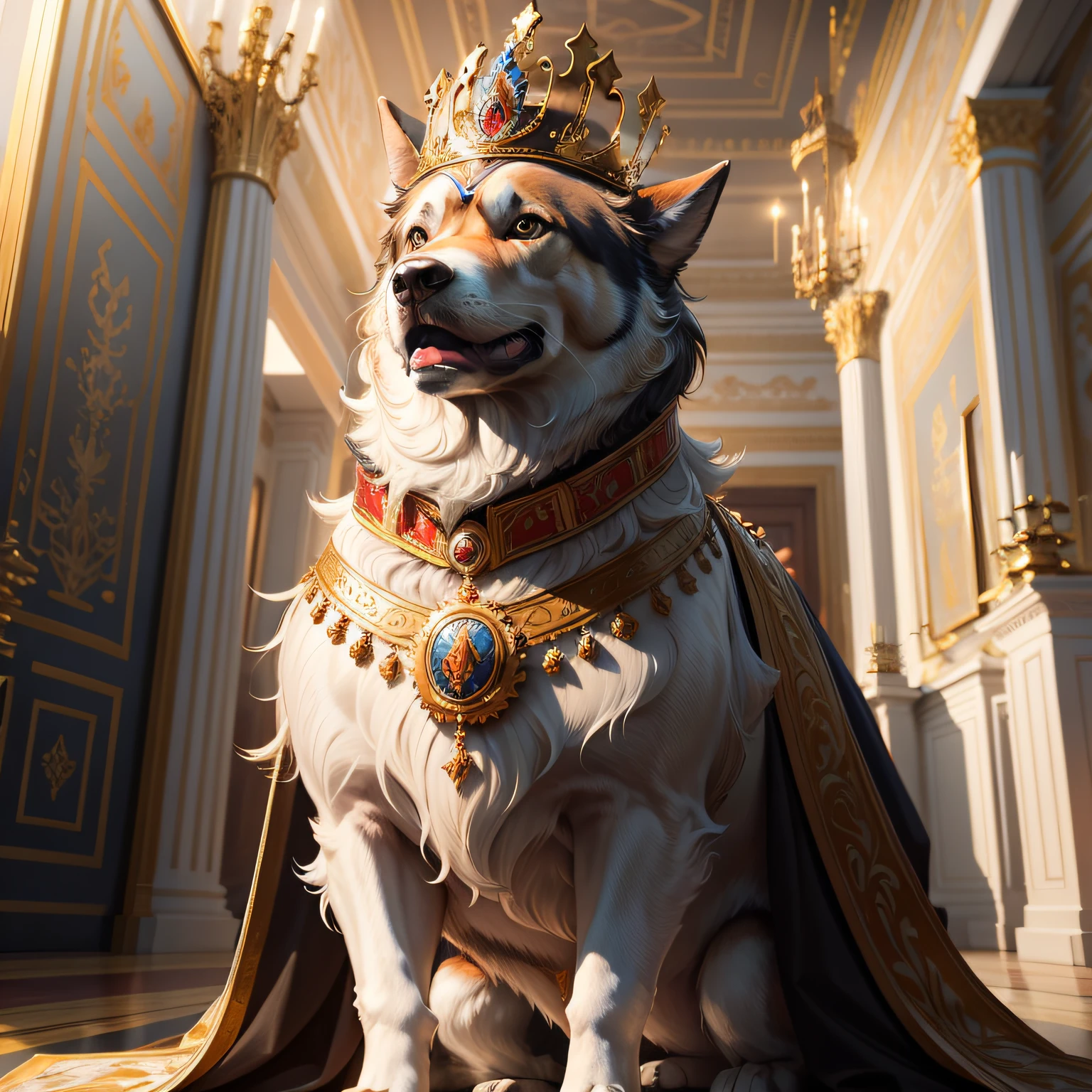 Elevation perspective,Stately dog, The background is majestic, The king,tiara crown,Tsar's Palace, Russia,plethora of colors, high detal, tmasterpiece, 4K