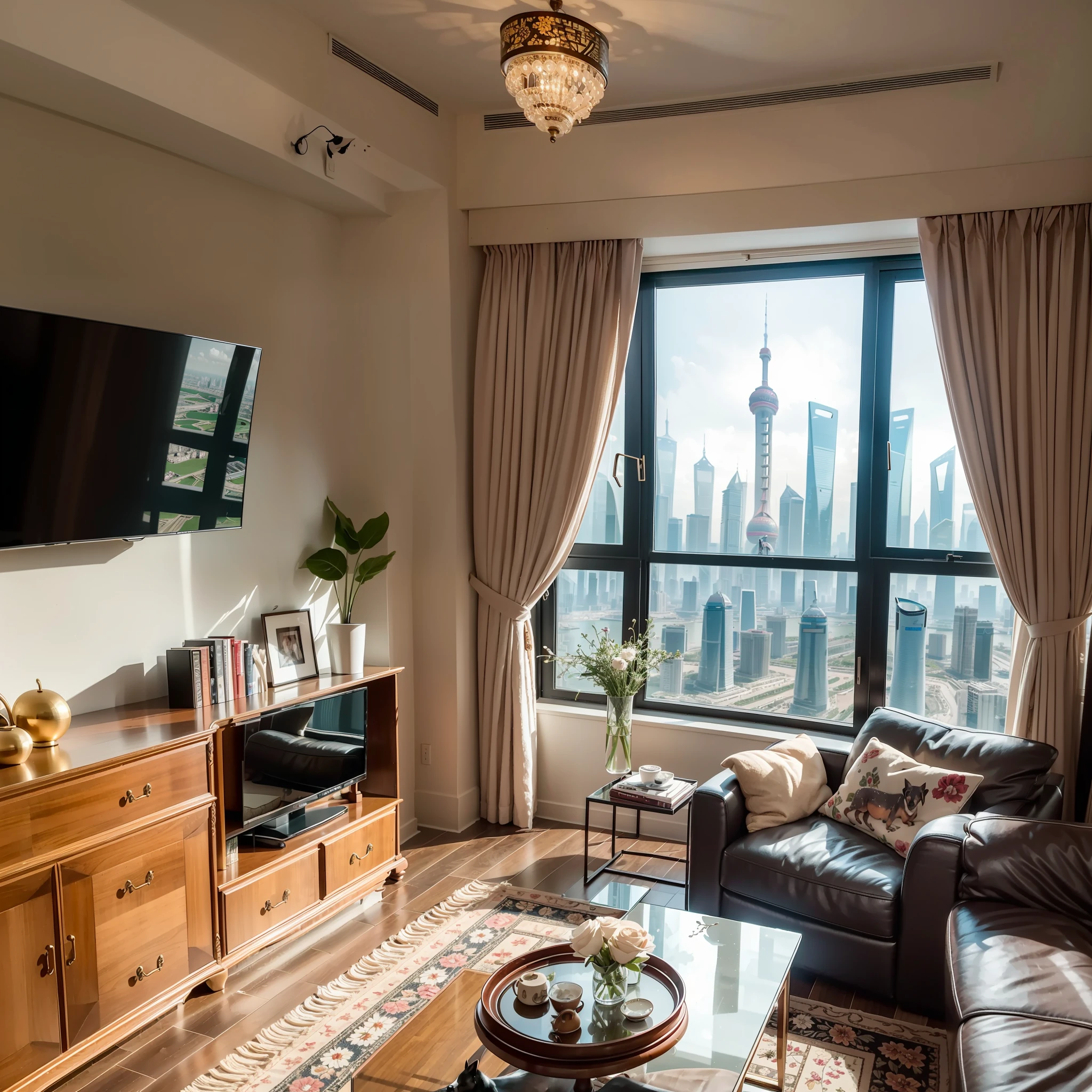 Apartment on the 108th floor of Shanghai Tower,Family of five watching TV in the living room,There are two dachshunds next to them,Canon shooting,See the Bund with a telescope