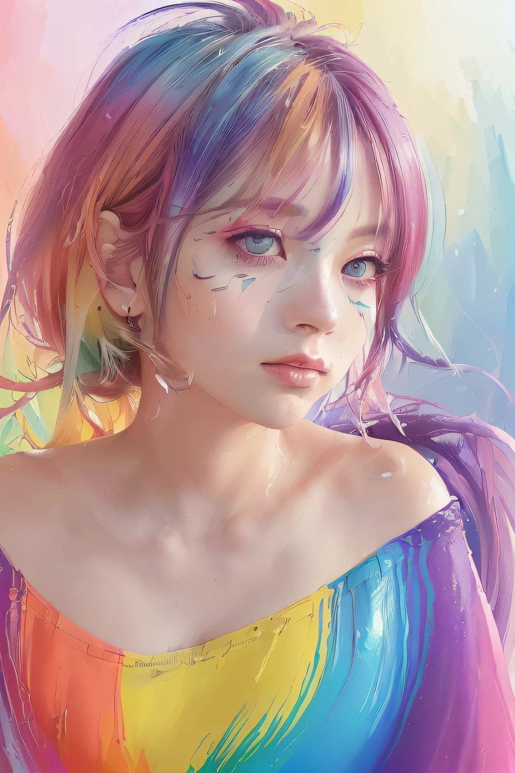 (Pink Fashion T-shirt:1.9),(Colorful hair: 1.8), (all the colours of the rainbow: 1.8),(((((vertical painting:1.6))), (painting:1.6),front, comics, illustrations, paintings, large eyes, crystal clear eyes,( rainbow color gradient high ponytail:1.7), exquisite makeup, closed mouth,(Small Fresh: 1.5),(Wipe Chest: 1.6) ,long eyelashes, white off shoulder T-shirt, White Shoulder Shirt,looking at the audience, large watery eyes, (rainbow colored hair:1.6), color splash, (solo:1.8), color splash, color explosion, thick paint style, messy lines, ((shining)),(colorful), (colorful), (colorful), colorful, Thick Paint Style, (Splash) (Color Splash), Vertical Painting, Upper Body, Paint Splash, Acrylic Pigment, Gradient, Paint, Highest Image Quality, Highest Quality, Masterpiece, Solo, Depth of Field, Face Paint, colorful clothes, (Elegant: 1.2), gorgeous,long hair, wind, (Elegant: 1.3), (Petals: 1.4),(((masterpiece))),(((best quality))),((ultra-detailed)),(illustration),(dynamic angle),((floating)),(paint),((disheveled hair)),(solo),(1girl) , (((detailed anima face))),((beautiful detailed face)),collar,bare shoulders,white hair, ((colorful hair)),((streaked hair)),beautiful detailed eyes,(Gradient color eyes),(((colorful eyes))),(((colorful background))),(((high saturation))),(((surrounded by colorful splashes))),