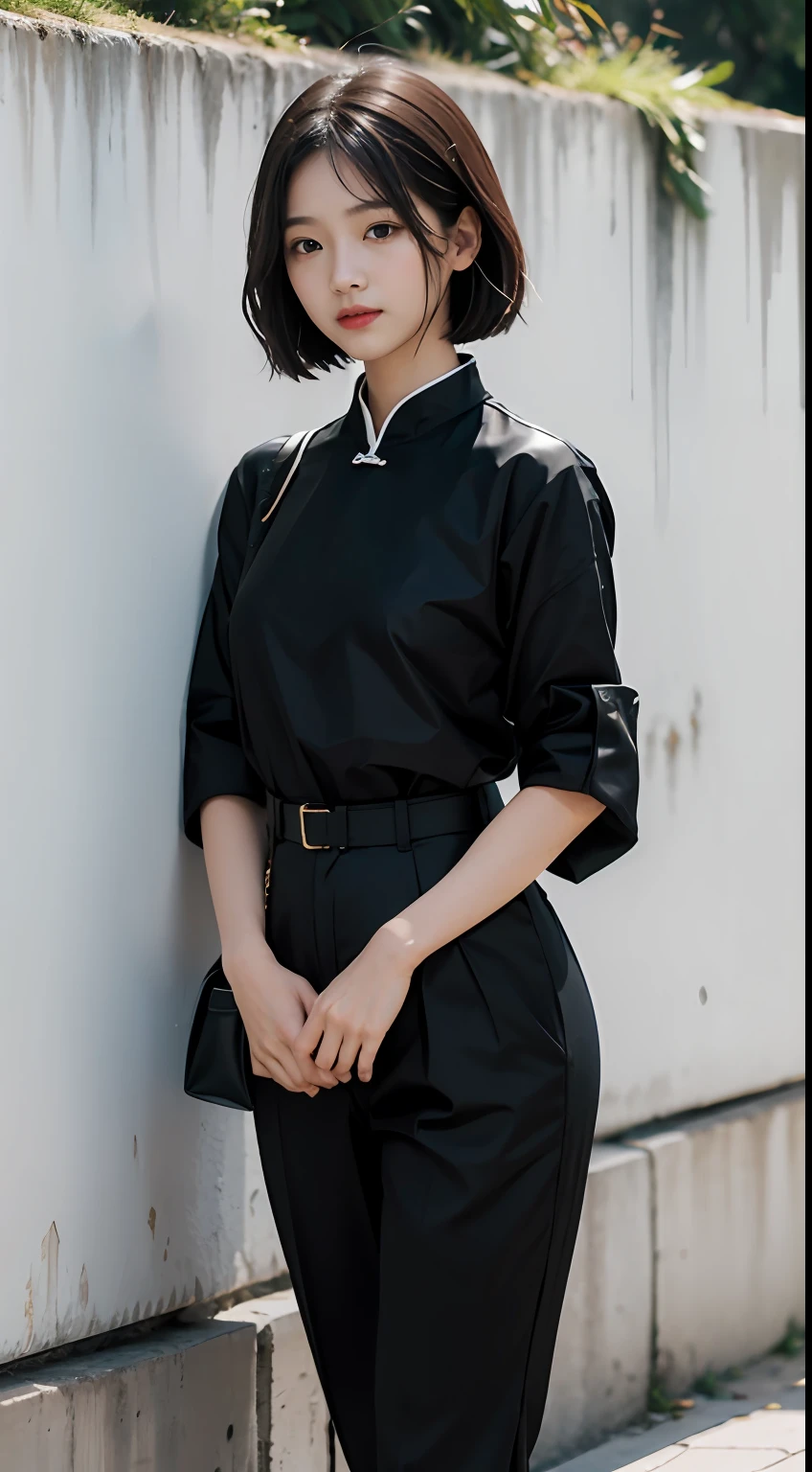tmasterpiece，super high image quality，真实感，Three-dimensional feeling，physically-based renderingt，8K，Short black shoulder-length hair，A female high school student，Chinese face，Medium height，with a good figure，Uniform of the Republic of China，Tunic，Western-style trousers，Dress generously，Back against the wall，moss，standing on your feet，Front Shooting，fully body photo，ssmile，slightly red face，The background is real，Look at the audience，Well laid out，SLR shooting，