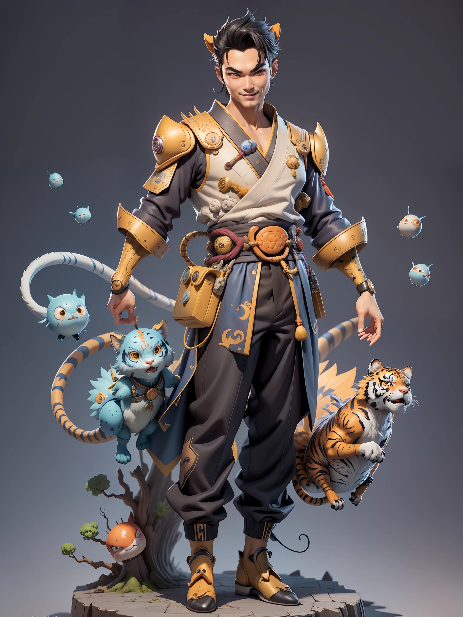(Masterpiece), (Excellent), (Super Meticulous), (Full Body: 1.2), Super Young Man with Japanese Female Geisha, Beauty, Chinese Dragon, Tiger, Wind God Thor, Sexy, Bursting, Oriental Face, TV Anchor, Bust Portrait Illustration, Black Suit, Blue Tie, Slightly Chubby, Very Clean Face, No Beard, Black Super Short Hair, Black Eyes, Confident Smile, 3c Computer Sub-Products, iPad, iPhone, Digital Painting, 3D Character Design by Mark Claireden and Pixar and Hayao Miyazaki and Akira Toriyama, The illustration is a high-definition illustration in 4K resolution with very detailed facial features and cartoon-style visuals.
