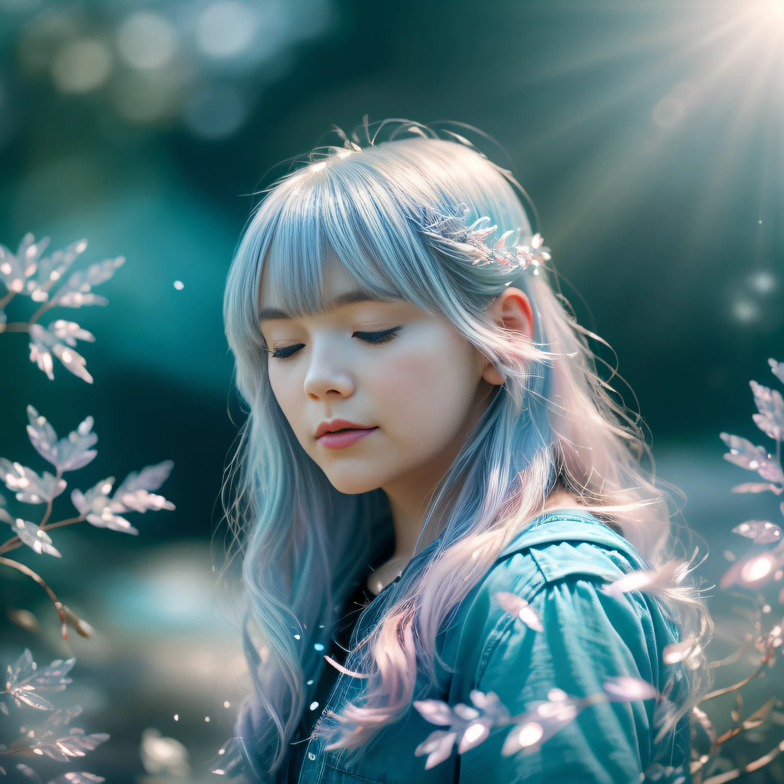 a beautiful girl,Crystal spring flower, Pink white gradient, water drop, Fantastical, galaxies, Transparent, Light blue leaves, brilliance, aqua, colorful, Magical photography of light blue leaves, dramatic illumination, Photo realism, Ultra detailed, depthoffield, high resolusion, parted bangs, silver hair, one eye closed, Sparkle, god rays, projected inset, from above, 4k, anatomically correct, UHD