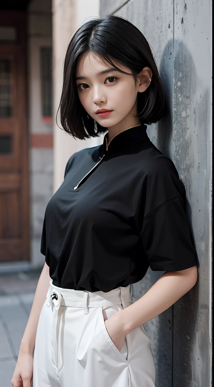 tmasterpiece,super high image quality,真实感,Three-dimensional feeling,physically-based renderingt,8K,Short black shoulder-length hair,A female high school student,Chinese face,Medium height,with a good figure,Tunic,Western-style trousers,Dress generously,Back against a wall,moss,standing on your feet,Front Shooting,fully body photo,ssmile,slightly red face,The background is real,Look at the audience,Well laid out,SLR shooting,