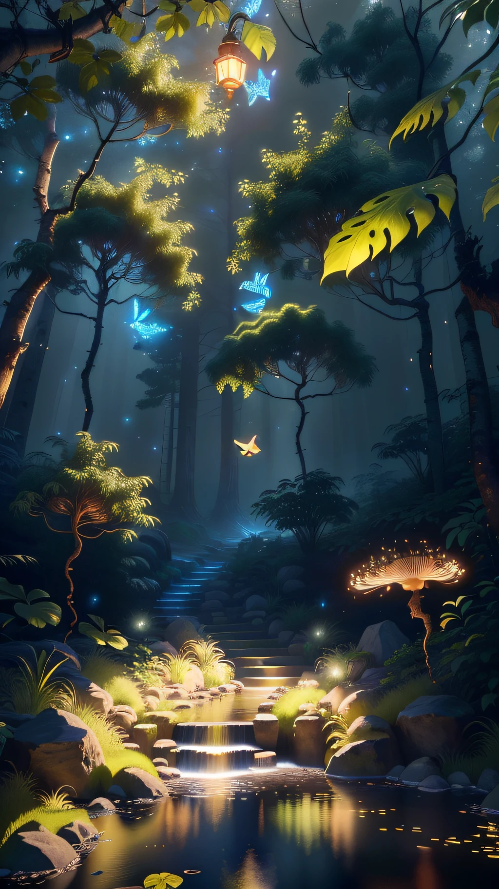 A masterpiece, the best quality, stunning reflections, the best reflections ever. (very detailed CG unity 8k wallpapers), (best quality), (best illustrations), (best shadows), forest theme with natural elements. Tall trees, quiet streams, small glowing mushrooms surrounded by delicate leaves and branches, with fireflies and glowing particle effects,, (natural elements), (jungle theme), (leaves), (twigs), (fireflies), butterflies, (delicate leaves), (glow), (particle effects). , Isometric 3D, Octane Rendering, Ray Traced, Super Detailed