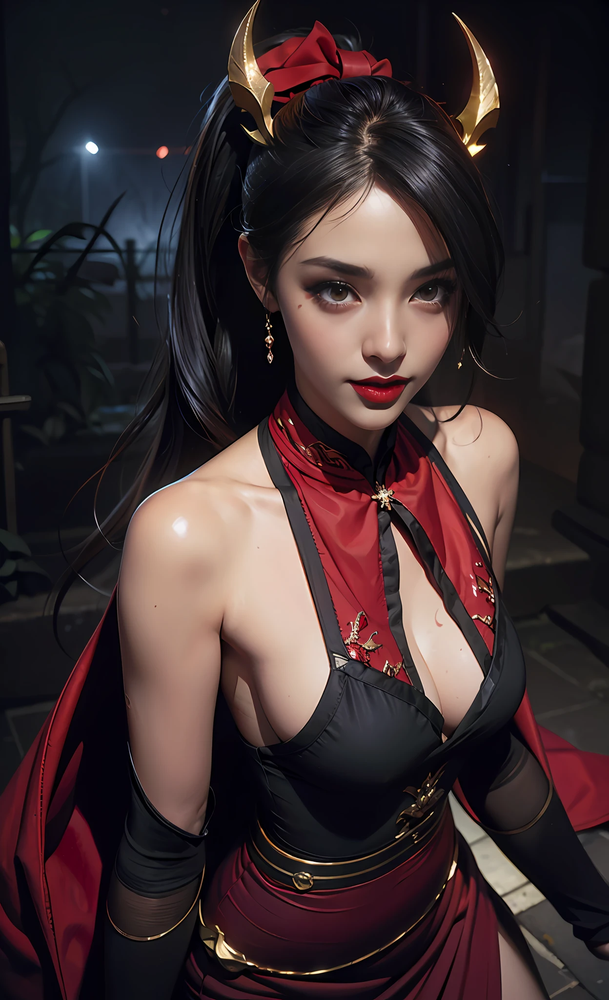 1 beautiful devil woman from hell, In the Dark: 1.6), surreal female portrait by David Hockney and Alphonse Mucha, fantasy art, korea doll, photorealism, dynamic lighting, artstation, poster, volumetric lighting, very detailed faces, 8k ultra, Awarded, in the dark, deep shadow, low key, cowboy lens, (Red phoenix dress: 1.4), long hair, black hair, bust, luxurious palace, Royal style, devil crown, red eyes make up very sharp and detailed, The most beautiful face, The breasts are very big and round and round, Super realistic, chinese women's clothing, polo neck sweater, Charming smile, The eyes are very well made up, guweiz, devil style, wearing black mesh socks, Ponytail with a bow tied at the back of the hair, Red black lips, Devil tattoo on shoulder, wearing a thin red and black robe, the landscape is overcast and thunderous, (Portrait), Close-up of the main character, (Background details 1.8),